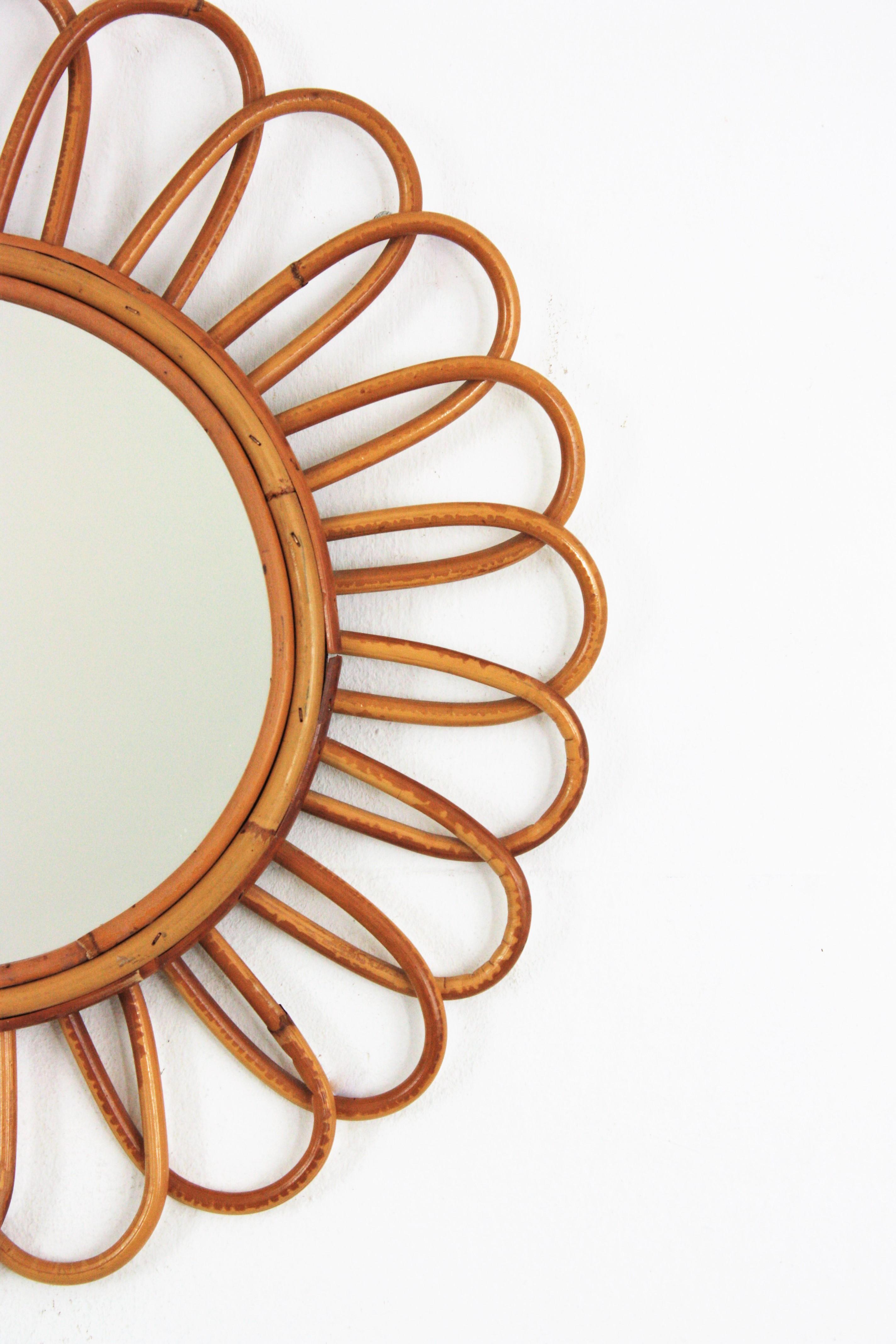 Hand-Crafted Rattan Flower Burst Mirror, Midcentury Mediterranean Design, 1960s For Sale