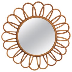 Rattan Flower Burst Mirror, Midcentury Mediterranean Design, 1960s