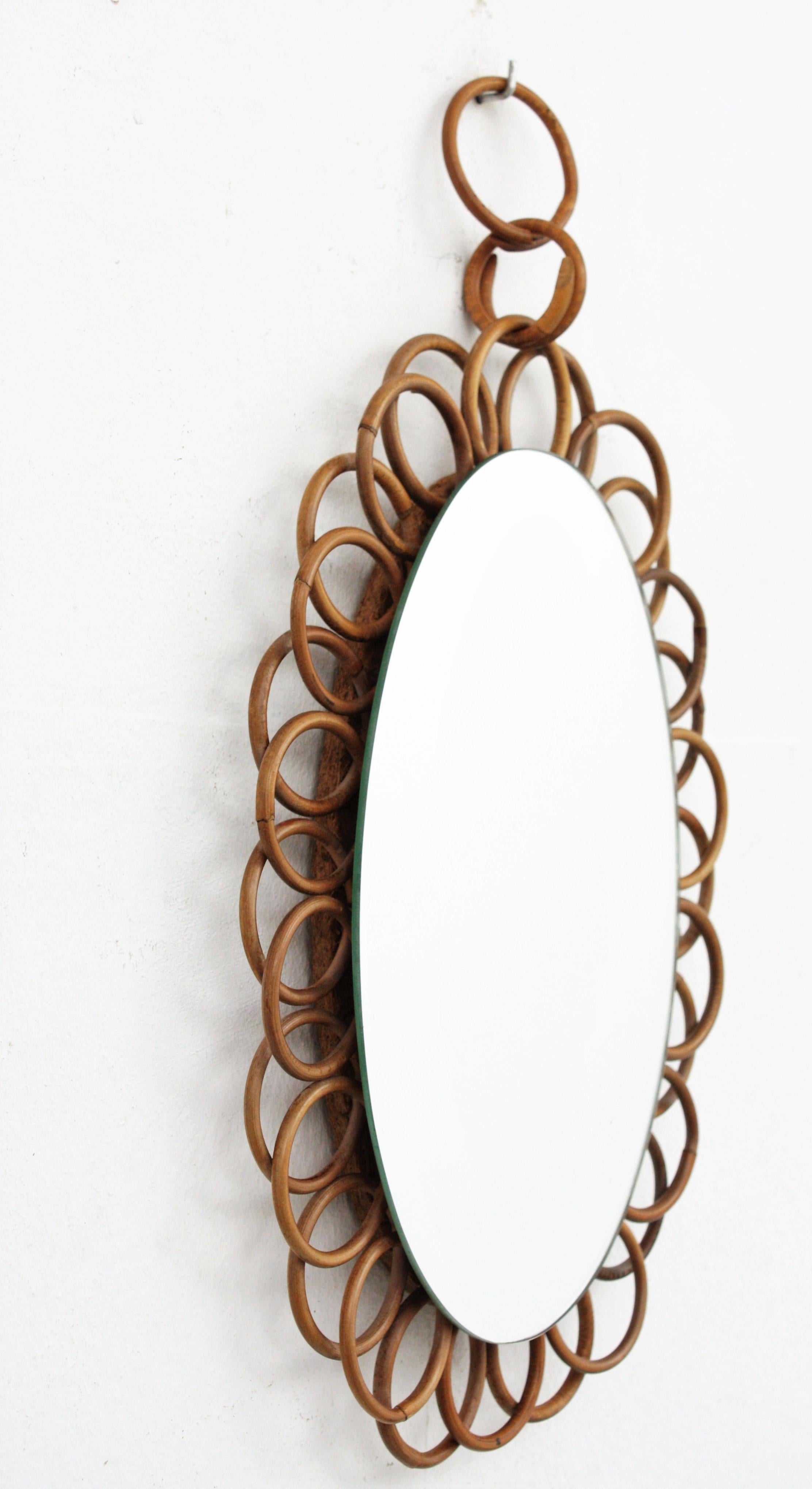 French Rattan Oval Shaped Hanging Mirror For Sale 1