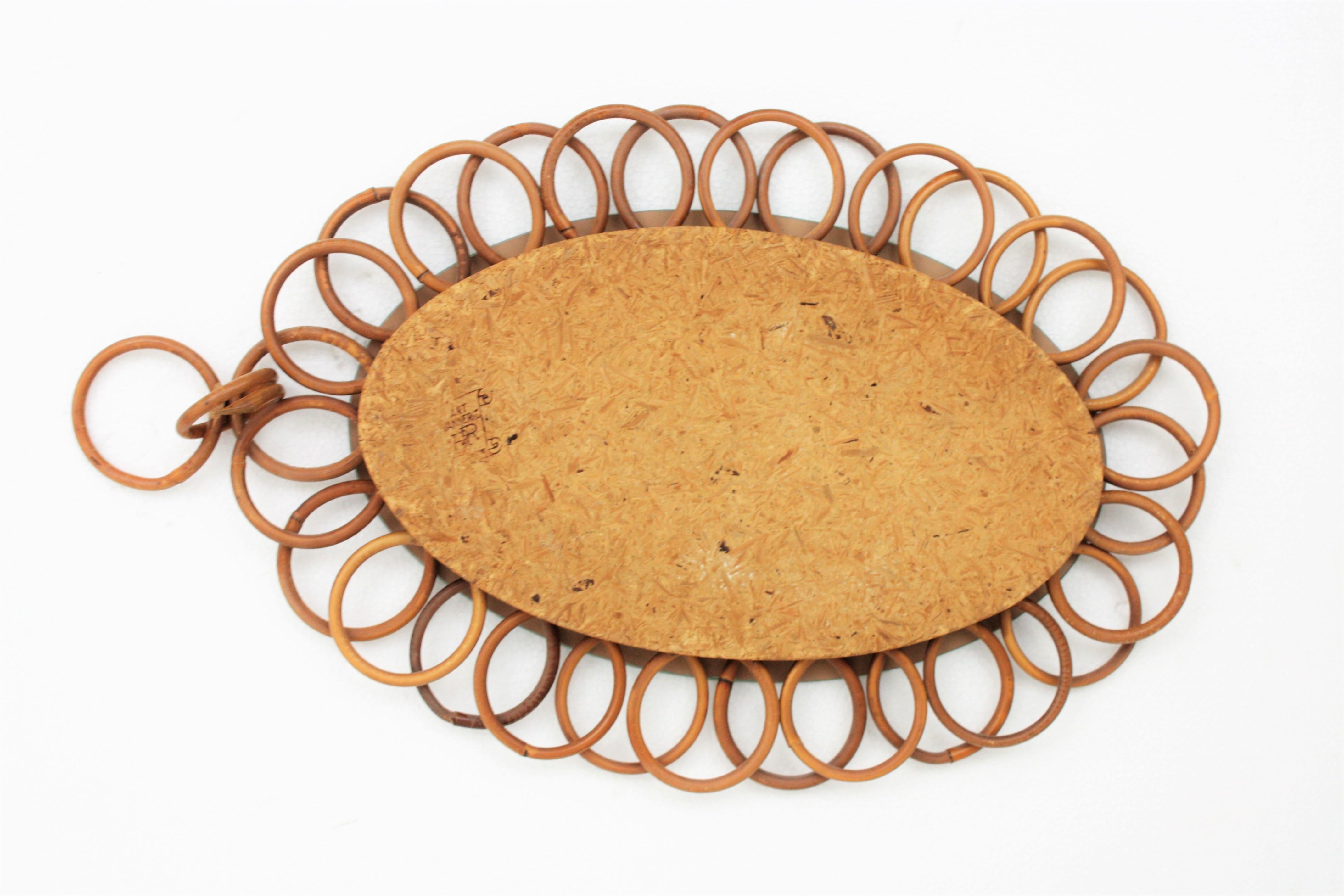 Wicker French Rattan Oval Shaped Hanging Mirror For Sale