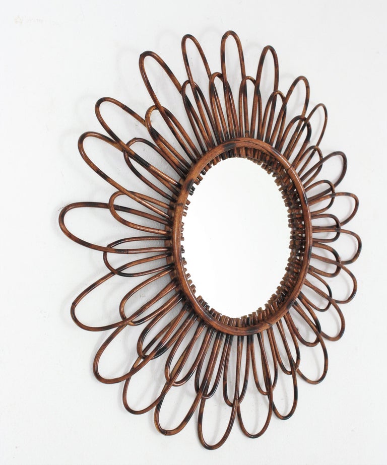 Rattan Flower Sunburst Mirror For Sale at 1stDibs