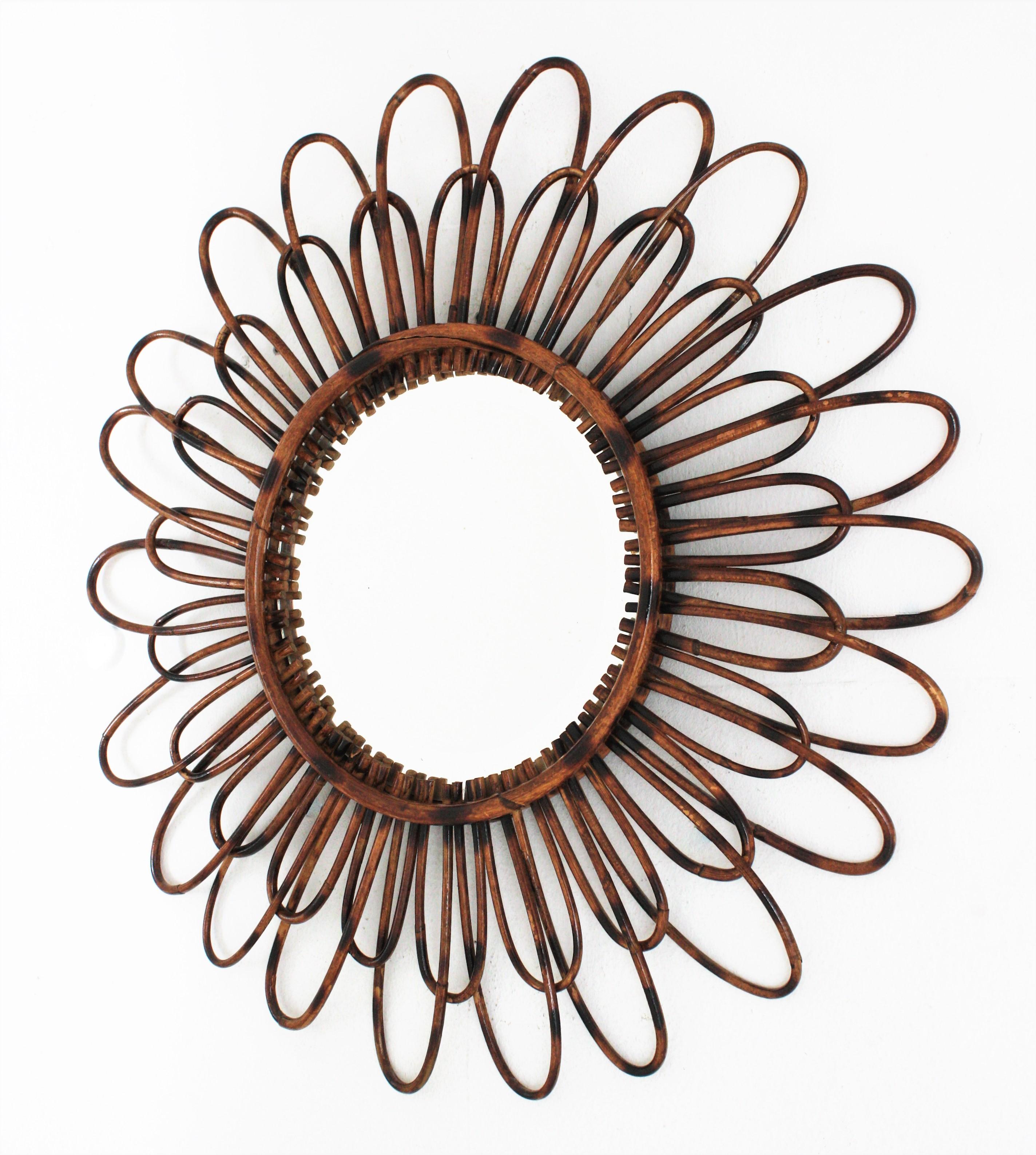 Hand-Crafted Rattan Flower Sunburst Mirror For Sale