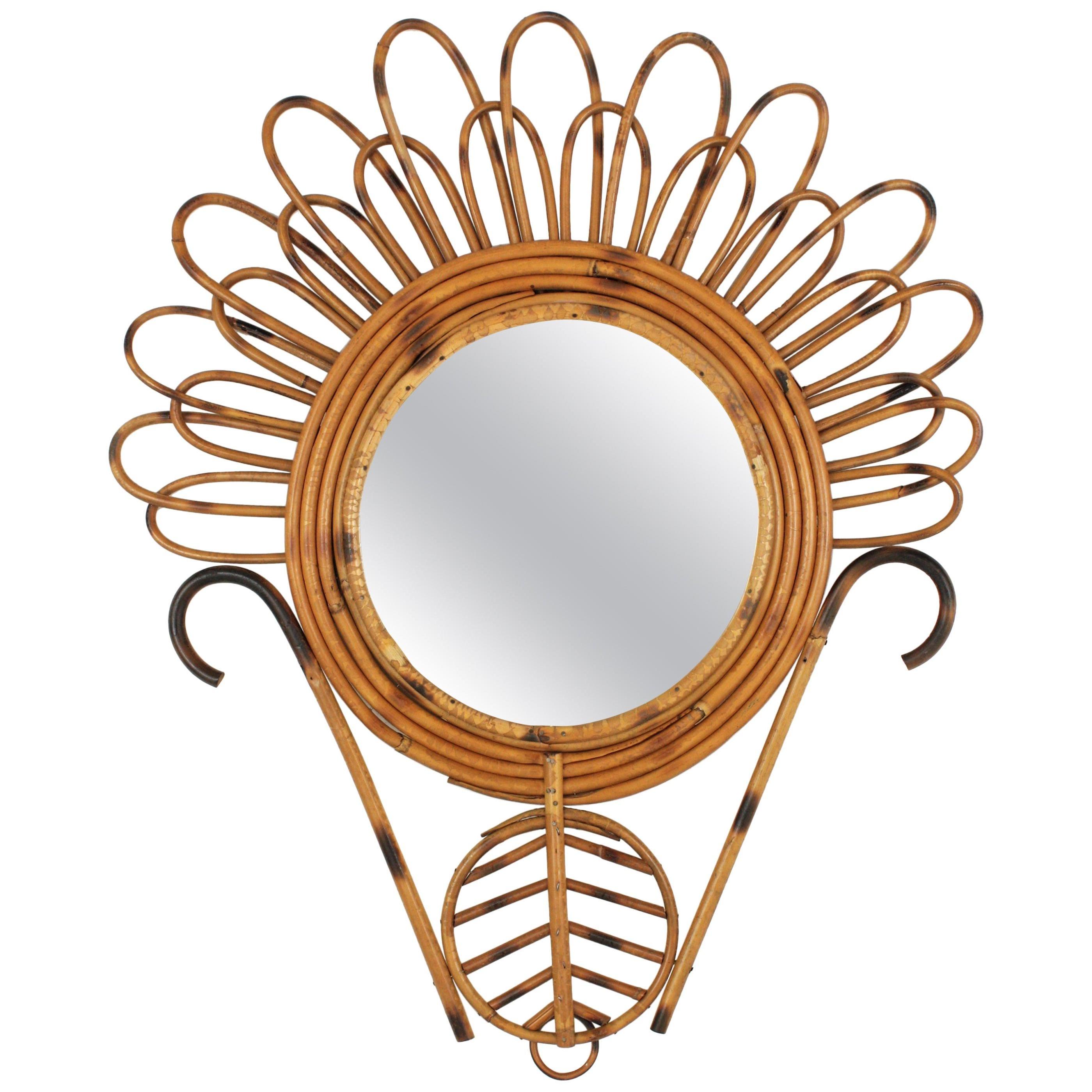 French Riviera Rattan Flower Shaped Wall Mirror  For Sale