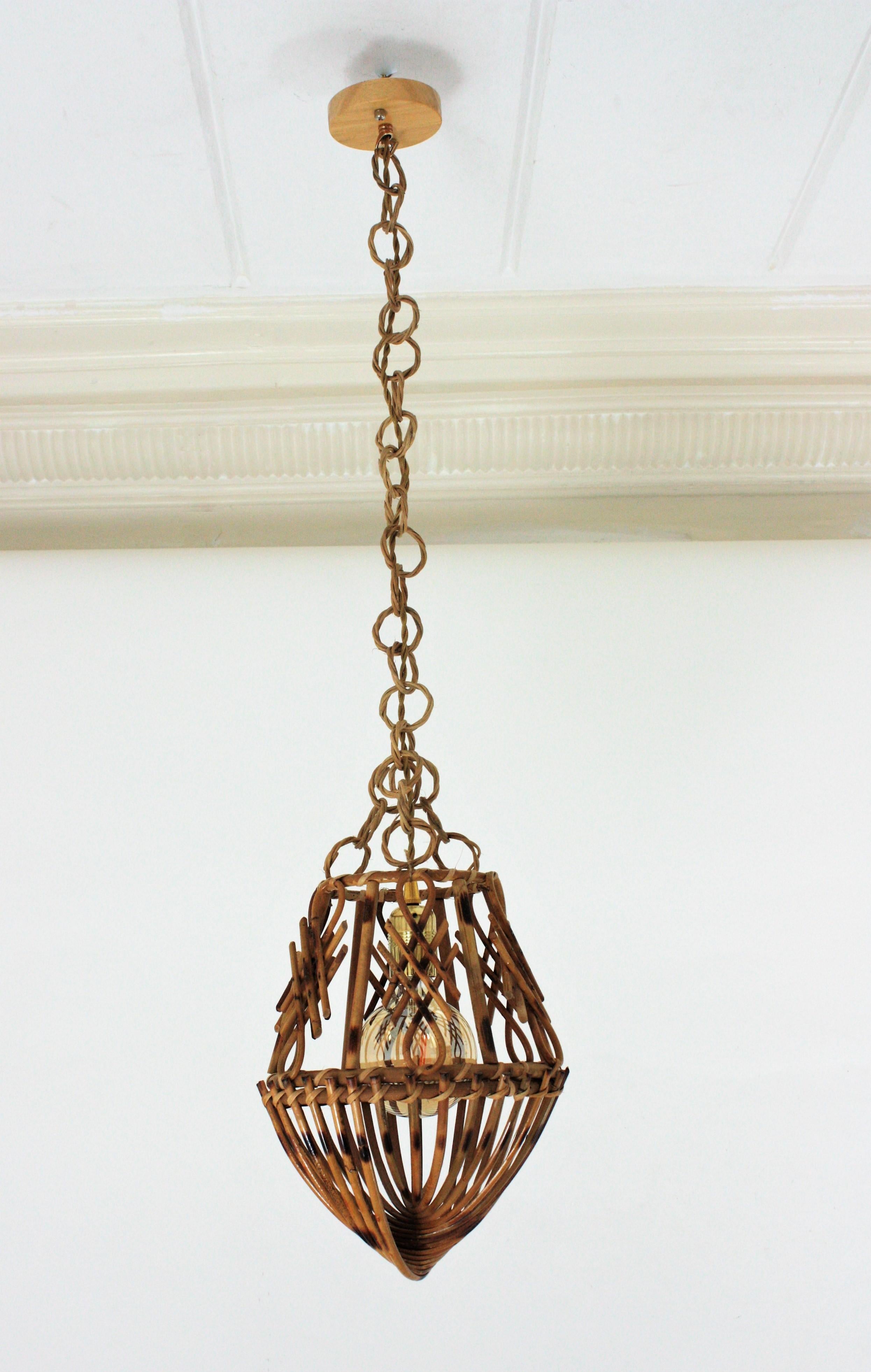 Rattan French Modernist Pendant Lamp or Lantern with Chinoiserie Accents 3