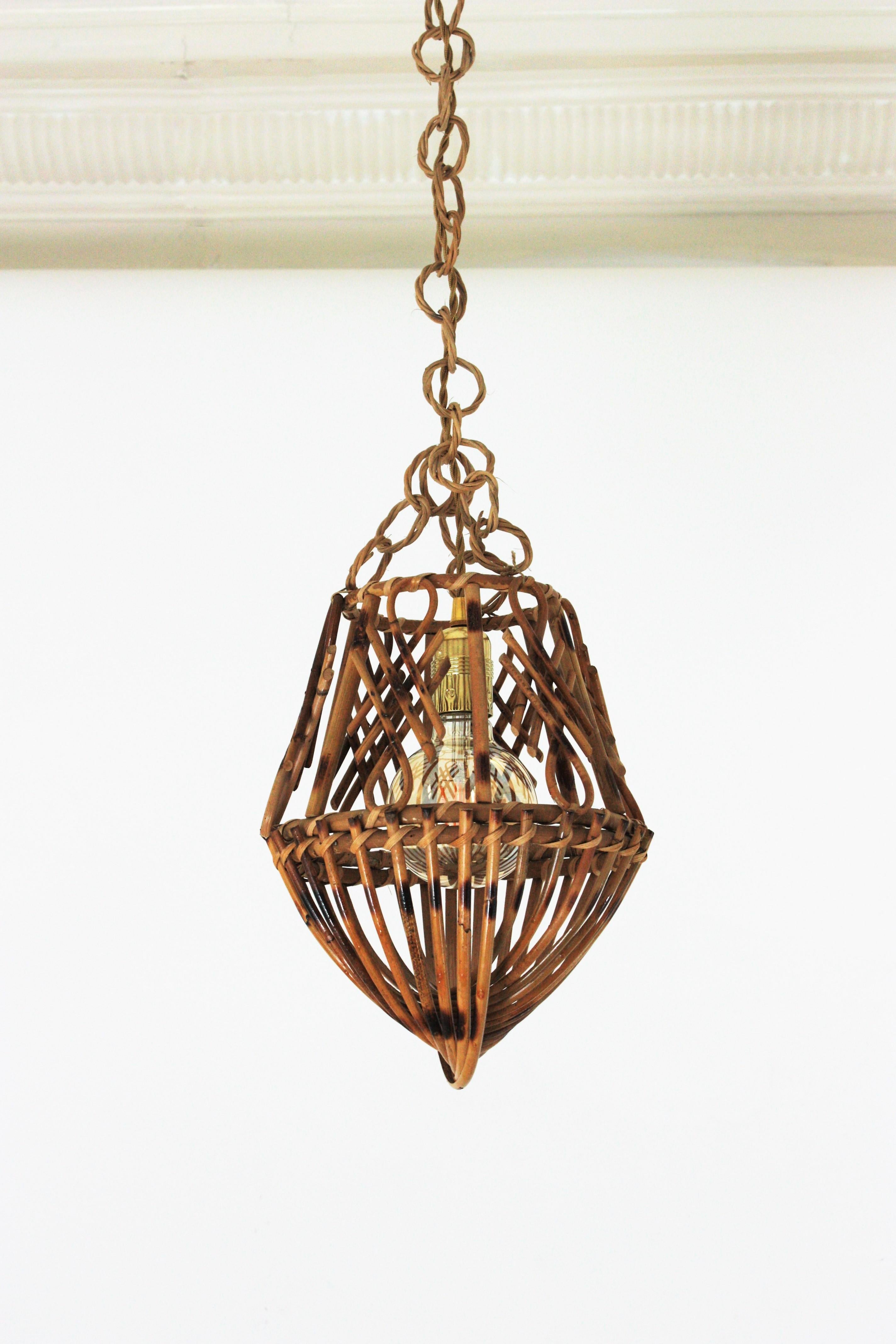 Rattan French Modernist Pendant Lamp or Lantern with Chinoiserie Accents 4
