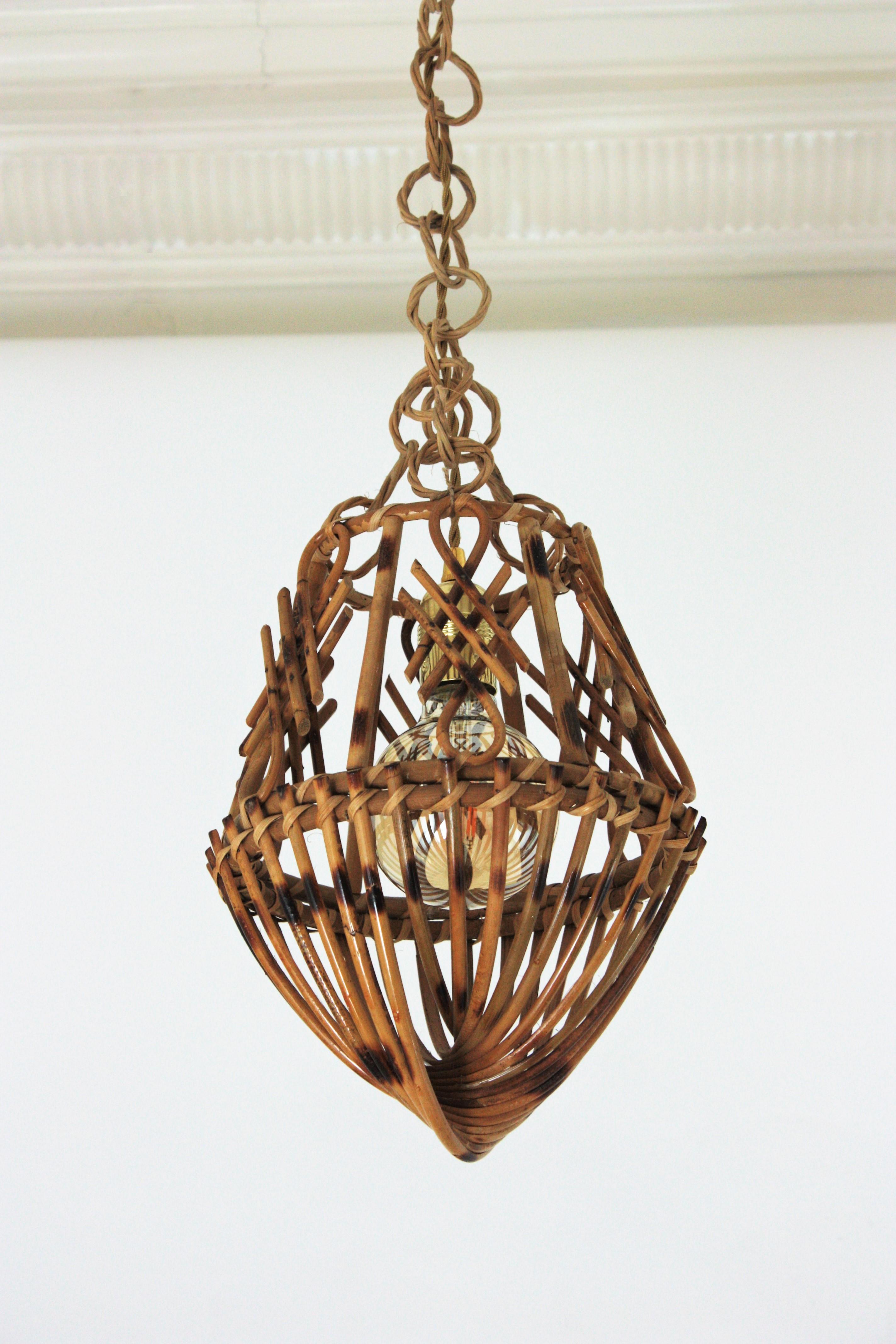 Rattan French Modernist Pendant Lamp or Lantern with Chinoiserie Accents 5