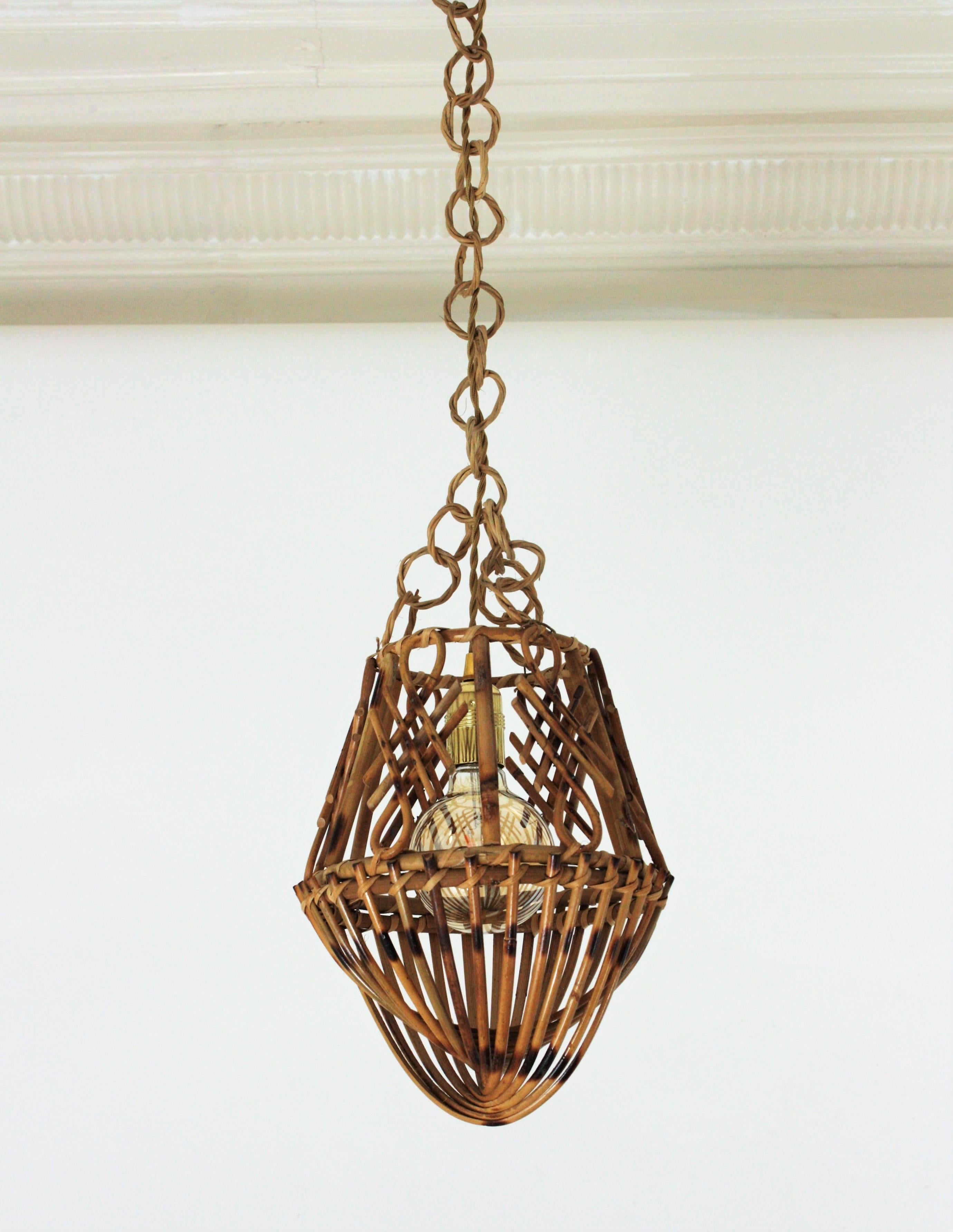 Rattan French Modernist Pendant Lamp or Lantern with Chinoiserie Accents 6