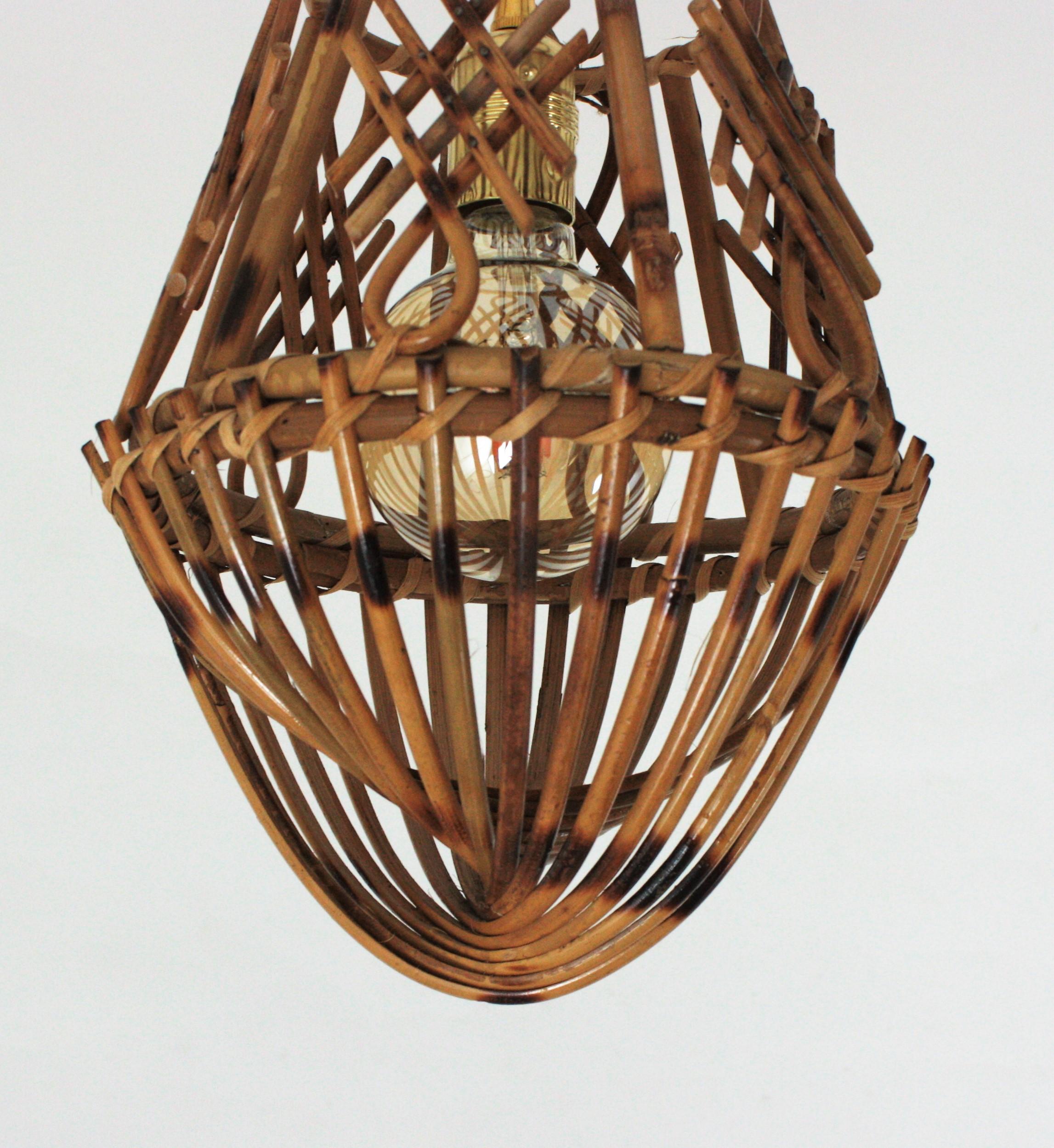 Rattan French Modernist Pendant Lamp or Lantern with Chinoiserie Accents 7