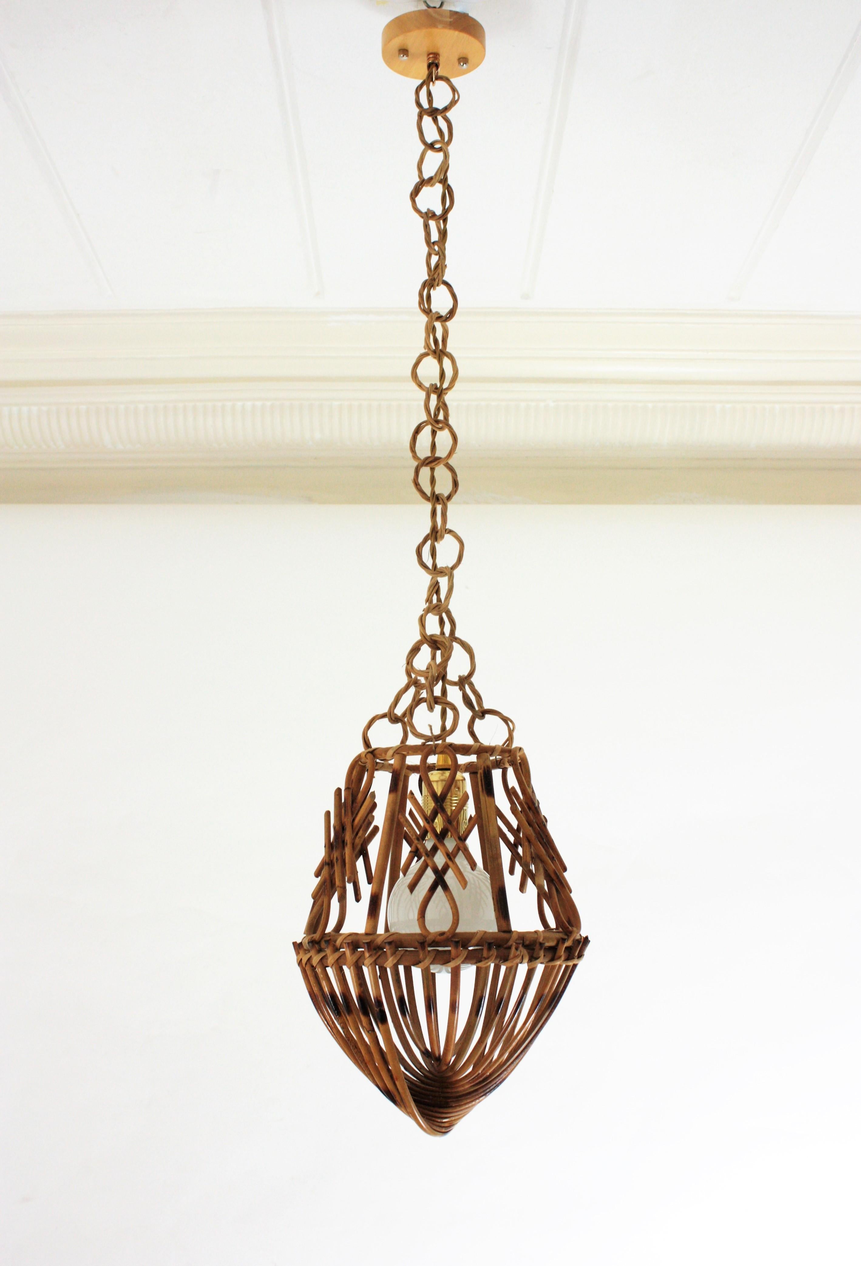 Hand-Crafted Rattan French Modernist Pendant Lamp or Lantern with Chinoiserie Accents