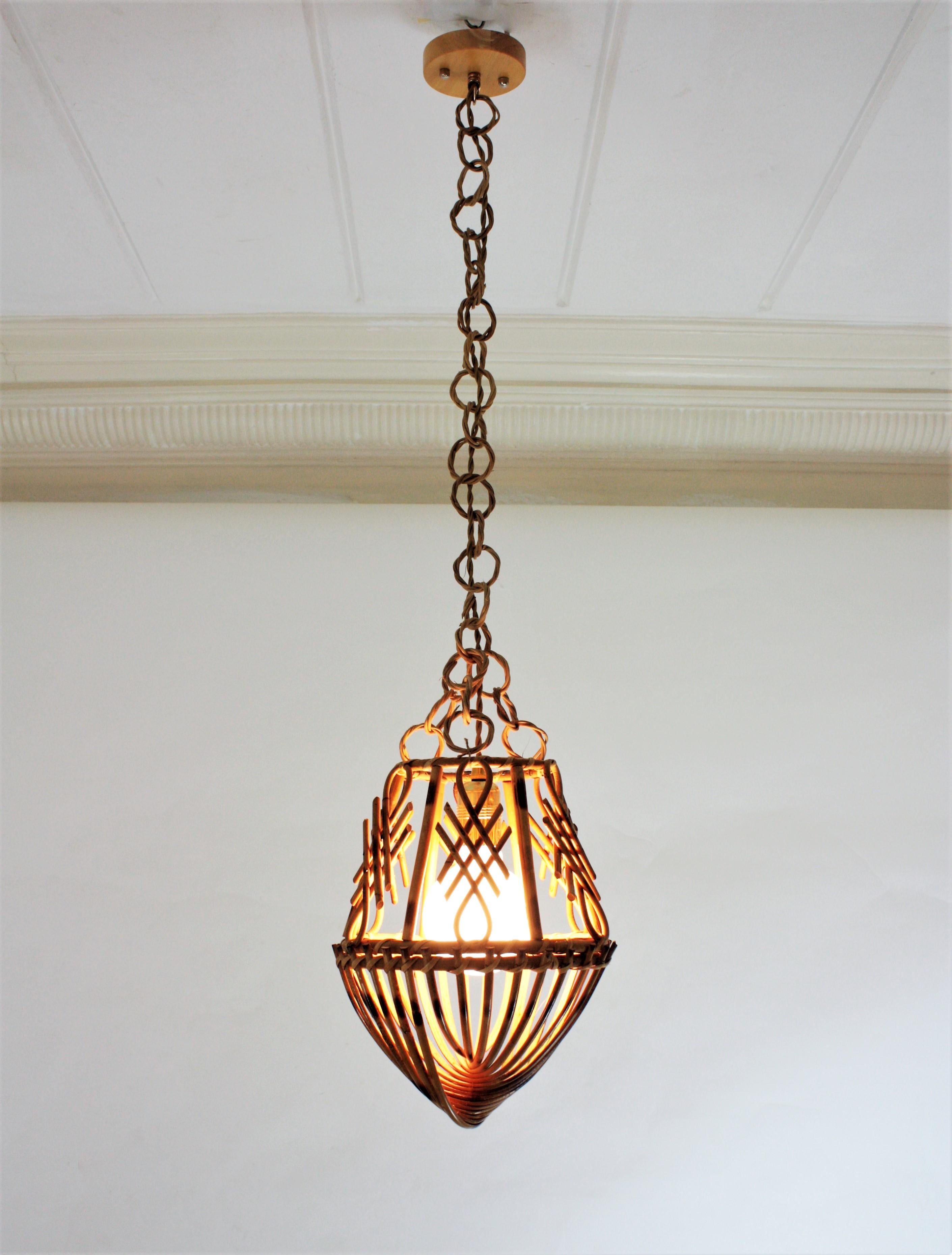 20th Century Rattan French Modernist Pendant Lamp or Lantern with Chinoiserie Accents