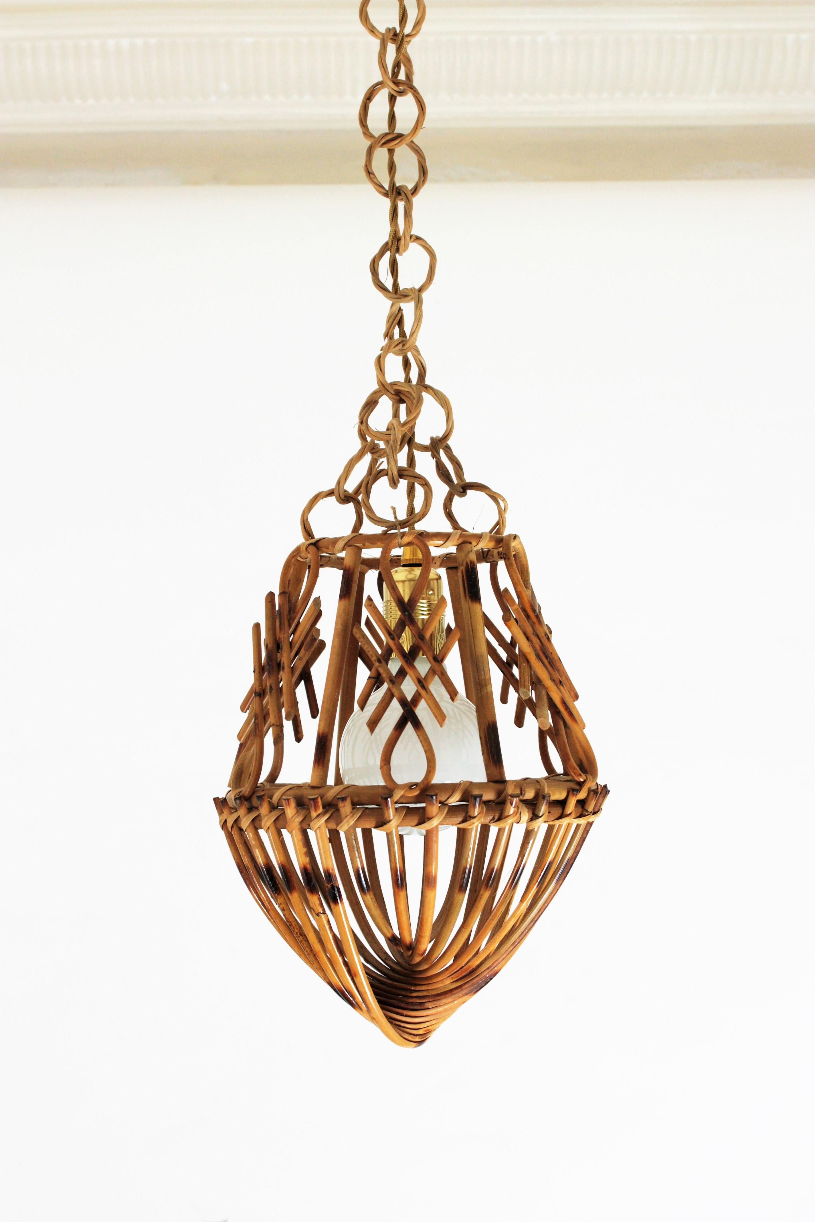 Bamboo Rattan French Modernist Pendant Lamp or Lantern with Chinoiserie Accents