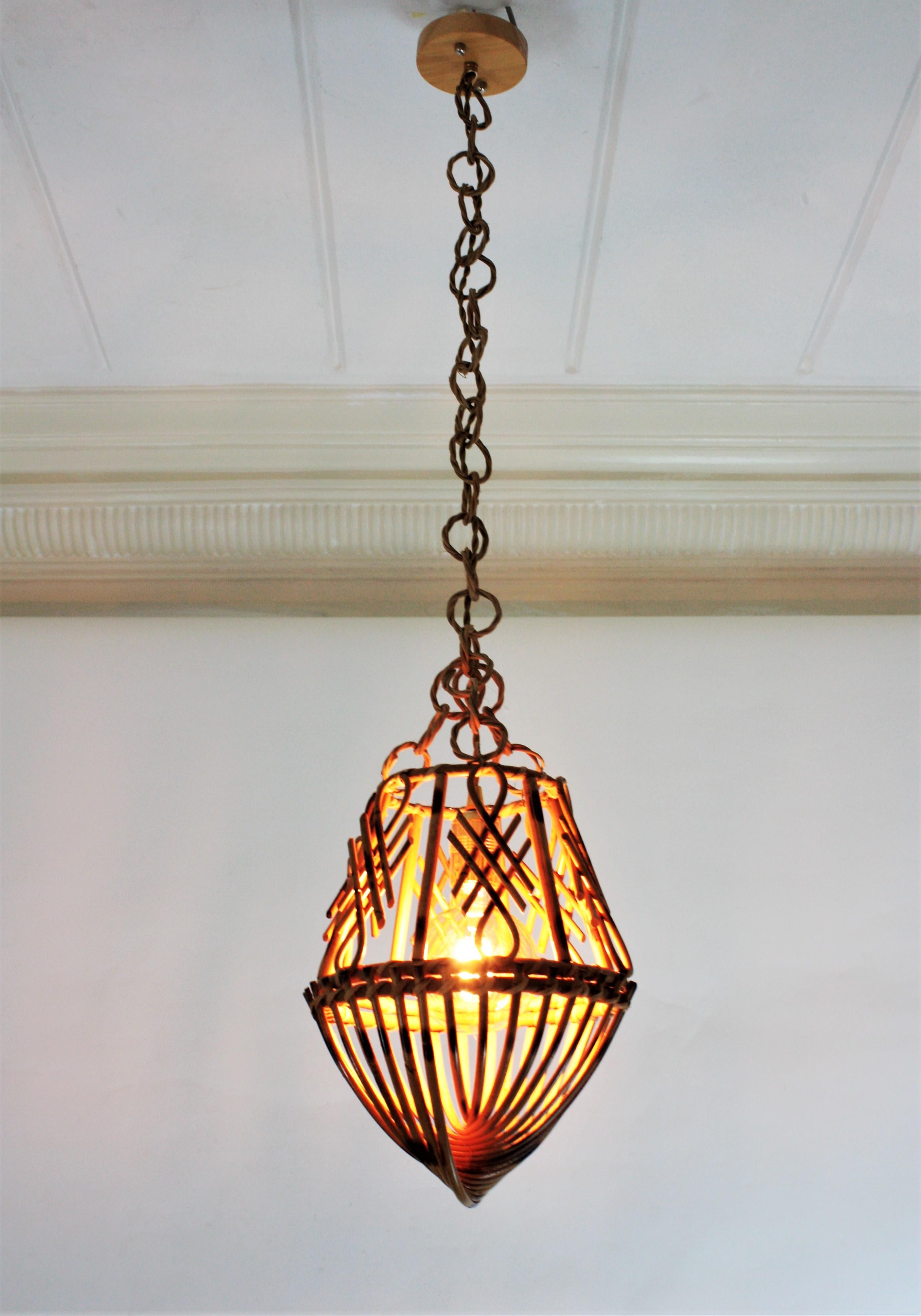 Rattan French Modernist Pendant Lamp or Lantern with Chinoiserie Accents 2