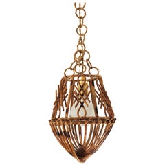 Rattan French Modernist Pendant Lamp or Lantern with Chinoiserie Accents