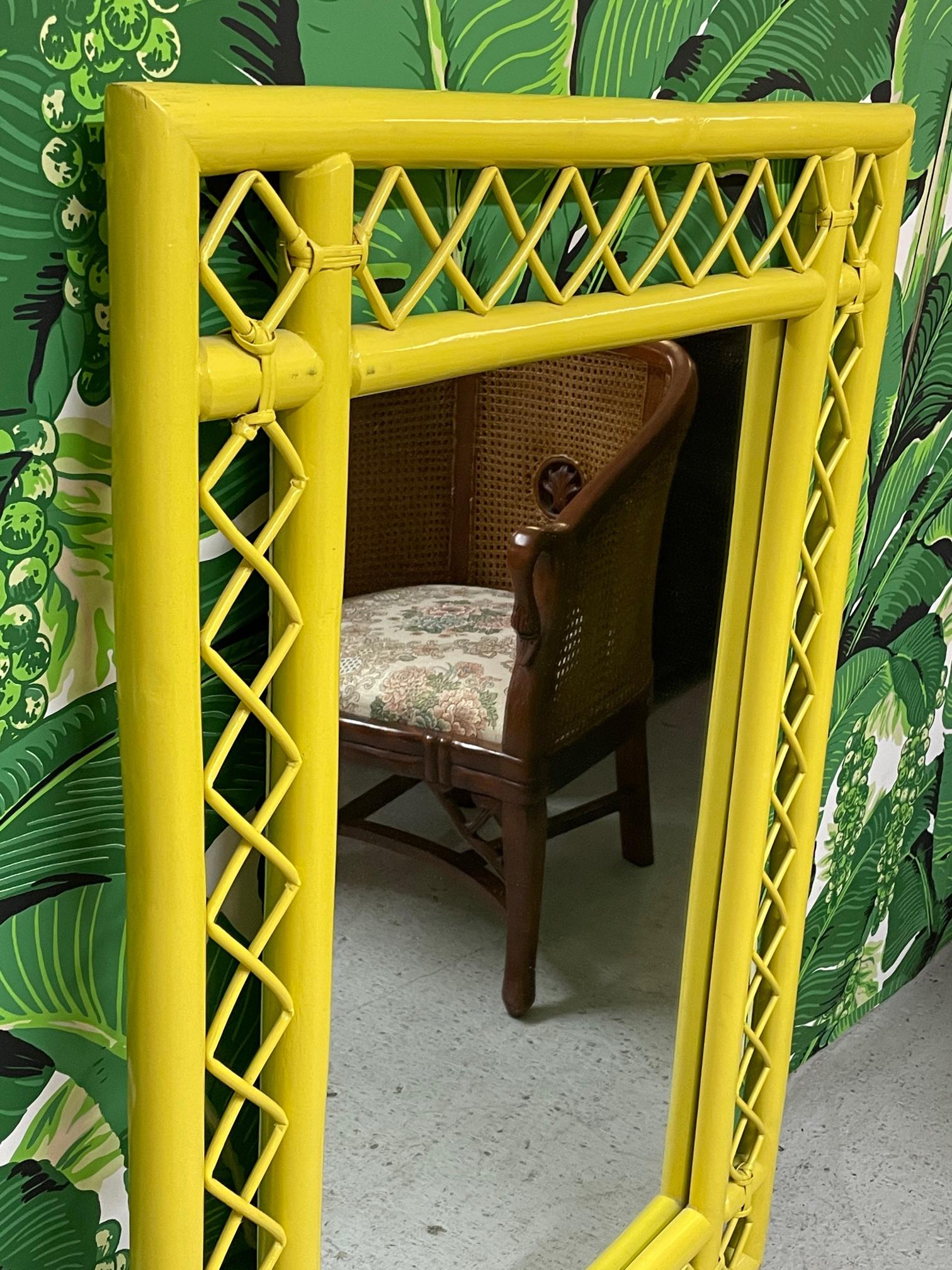 Hollywood Regency Rattan Fretwork Wall Mirror in Yellow Lacquer