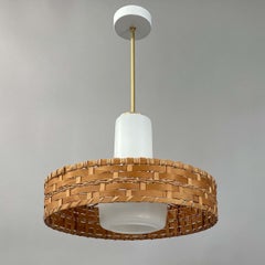 Rattan & Frosted Glass Pendant by DORIA, Germany 1960s
