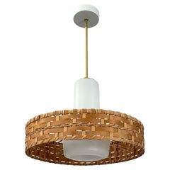 Hängeleuchte aus Rattan und Milchglas von DORIA, Deutschland 1960er Jahre