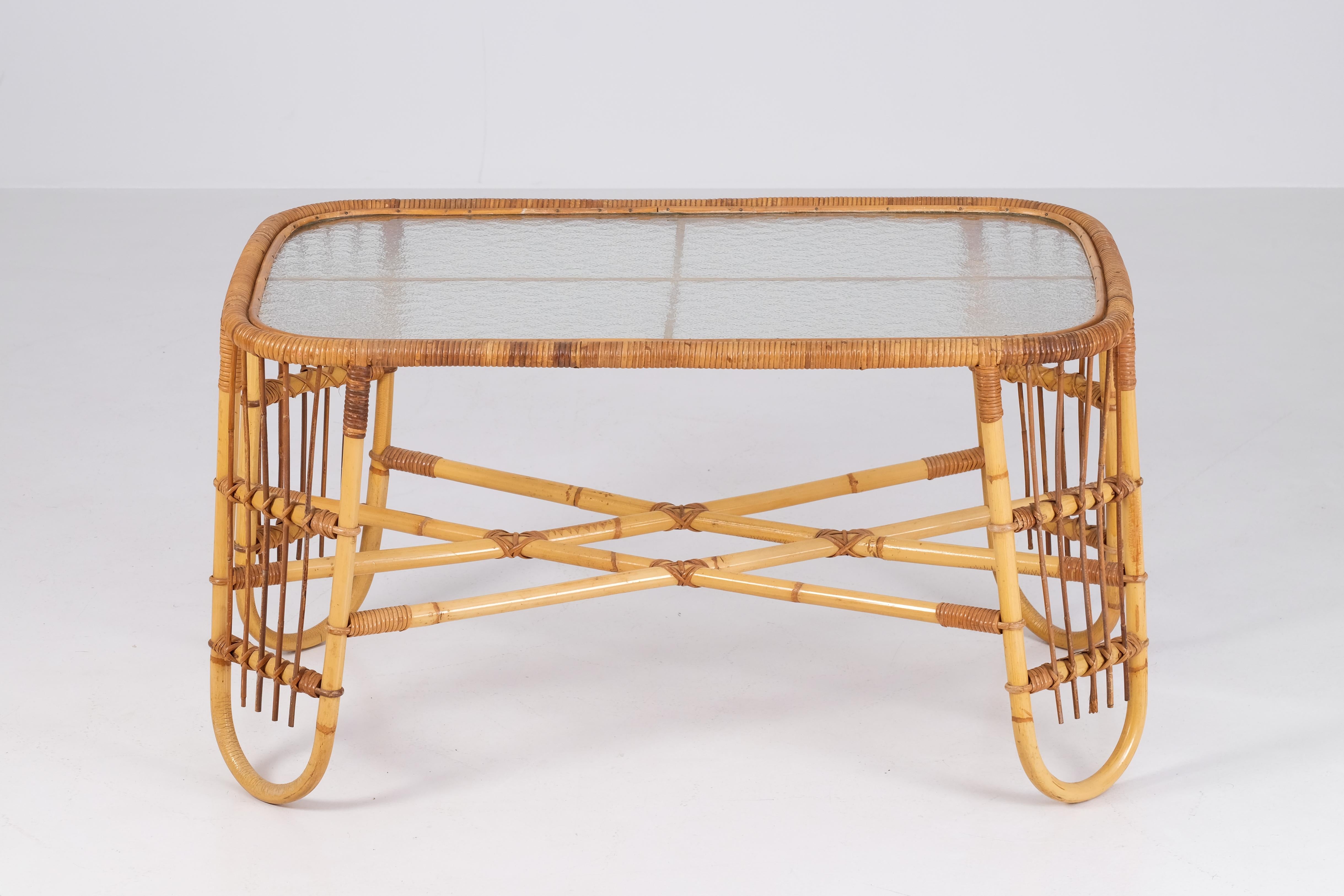 Mid-20th Century Rattan & Glass Coffee Table, Denmark, 1960s For Sale