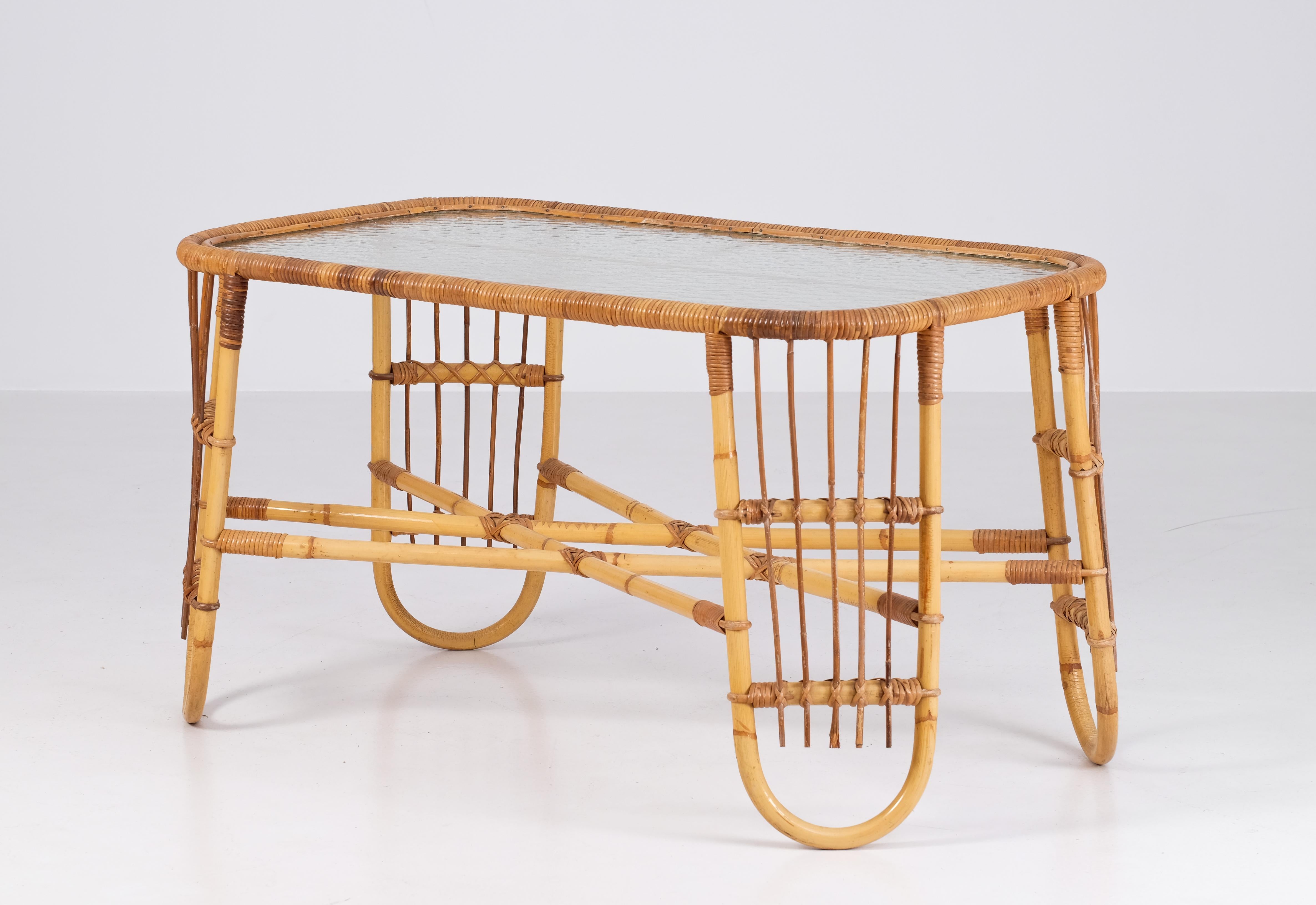 Rattan & Glass Coffee Table, Denmark, 1960s For Sale 1