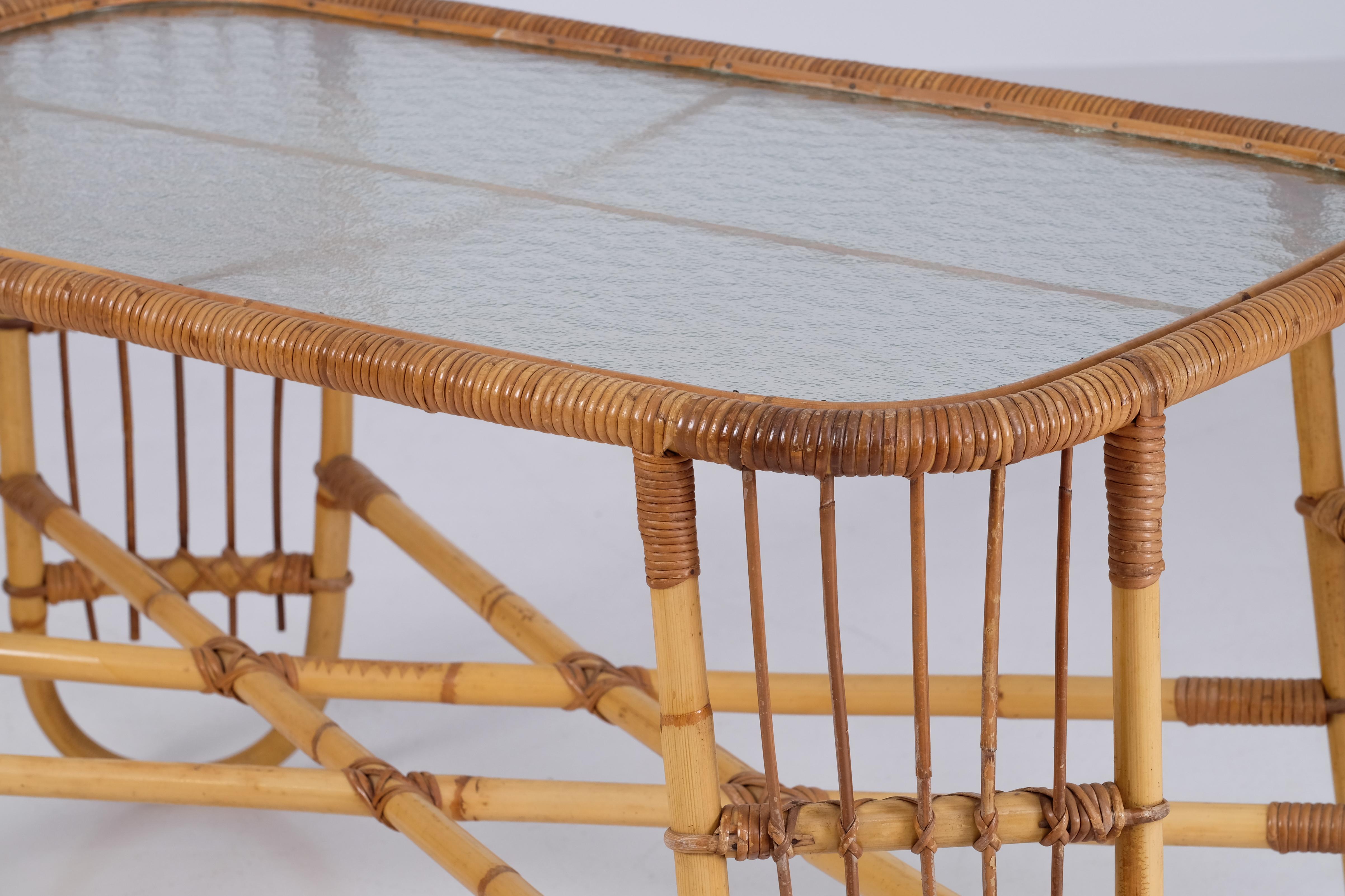 Rattan & Glass Coffee Table, Denmark, 1960s For Sale 2