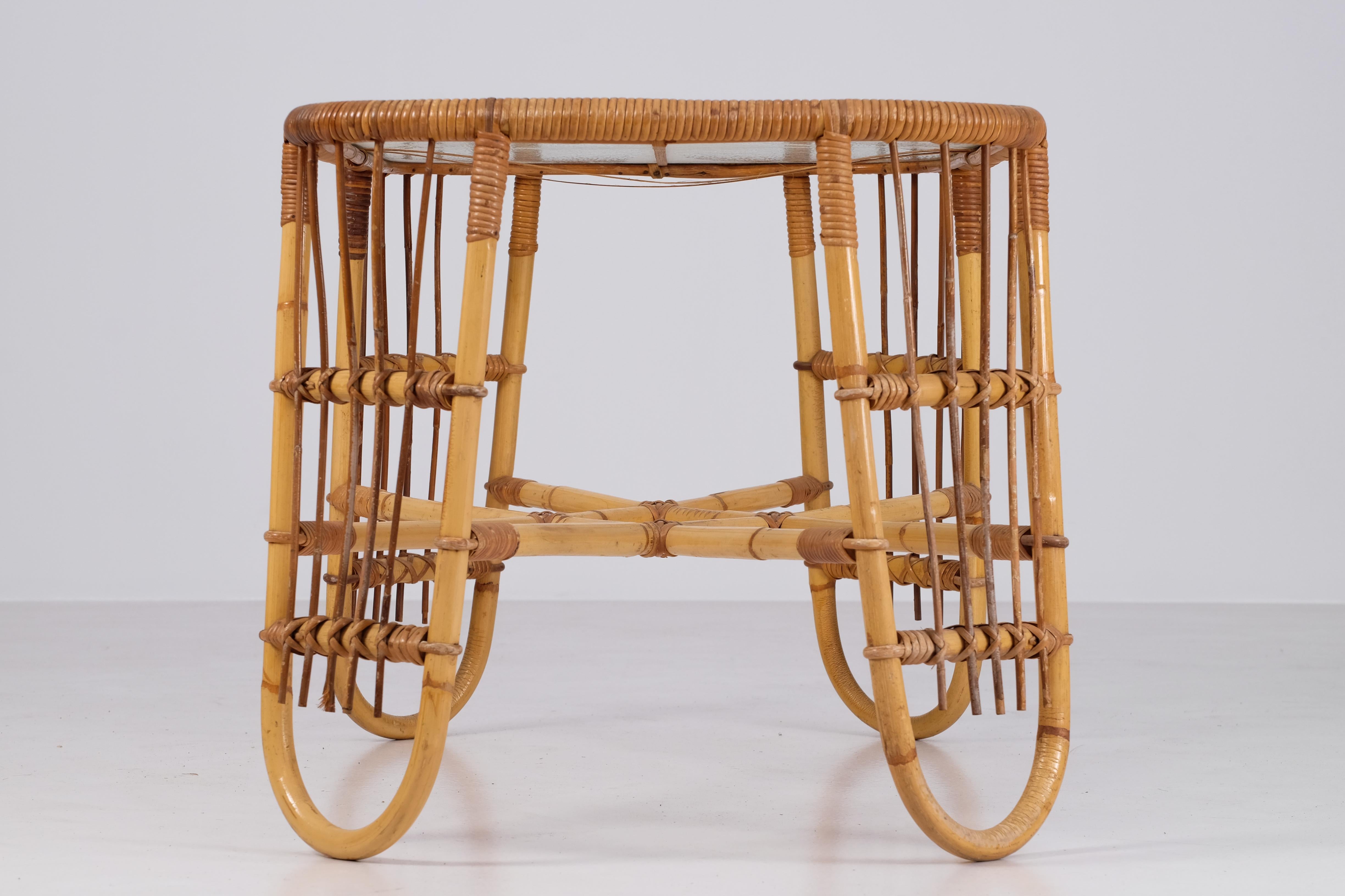 Rattan & Glass Coffee Table, Denmark, 1960s For Sale 3