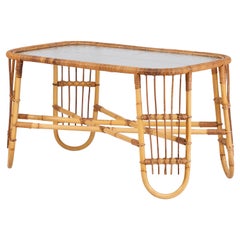 Table basse en rotin et verre, Danemark, années 1960