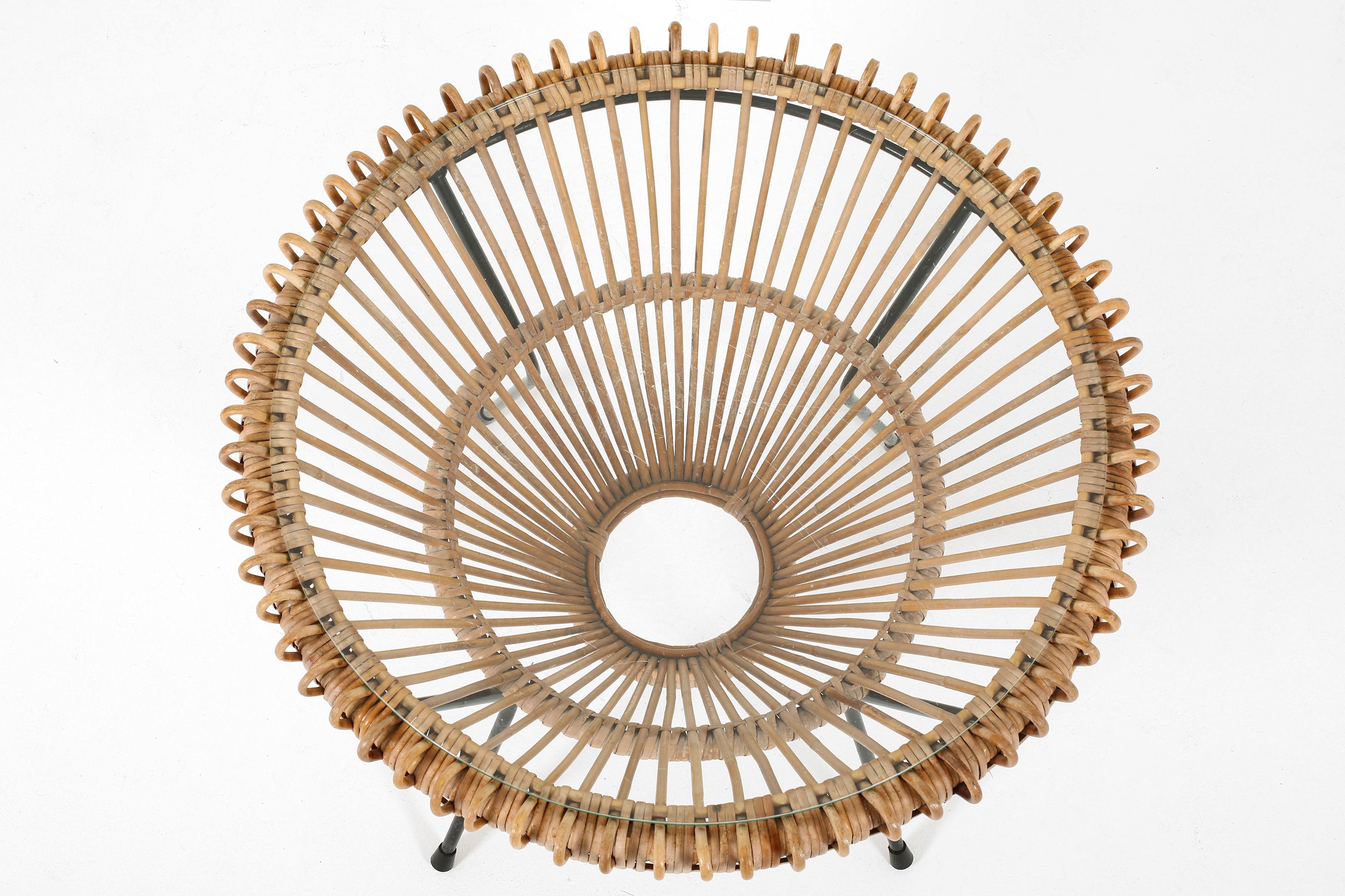 20th Century Rattan & Glass Occasional Side Coffee Table by Franco Albini, Italian c. 1950s