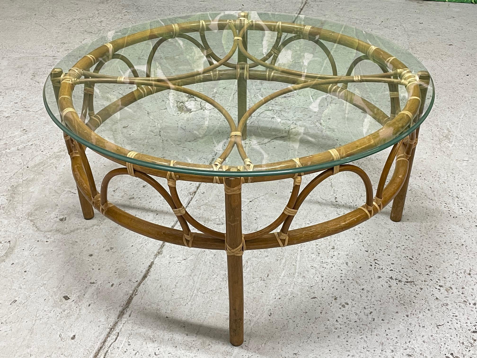 Rattan Glass Top Round Coffee or Cocktail Table In Good Condition In Jacksonville, FL