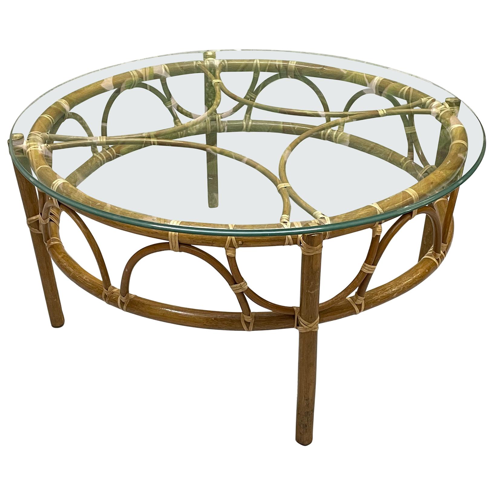 Rattan Glass Top Round Coffee or Cocktail Table