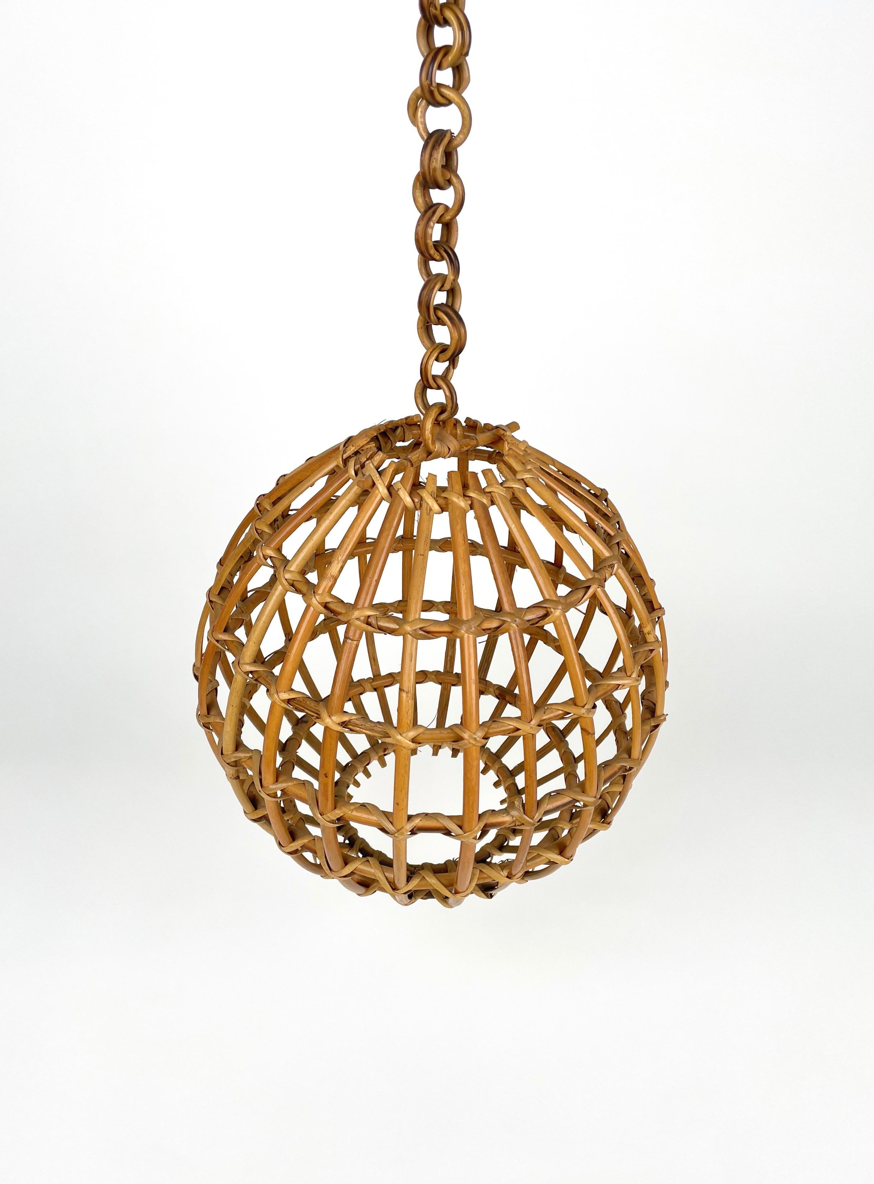 Mid-20th Century Rattan Globe Pendant Ceiling Lamp, Italy 1960s For Sale