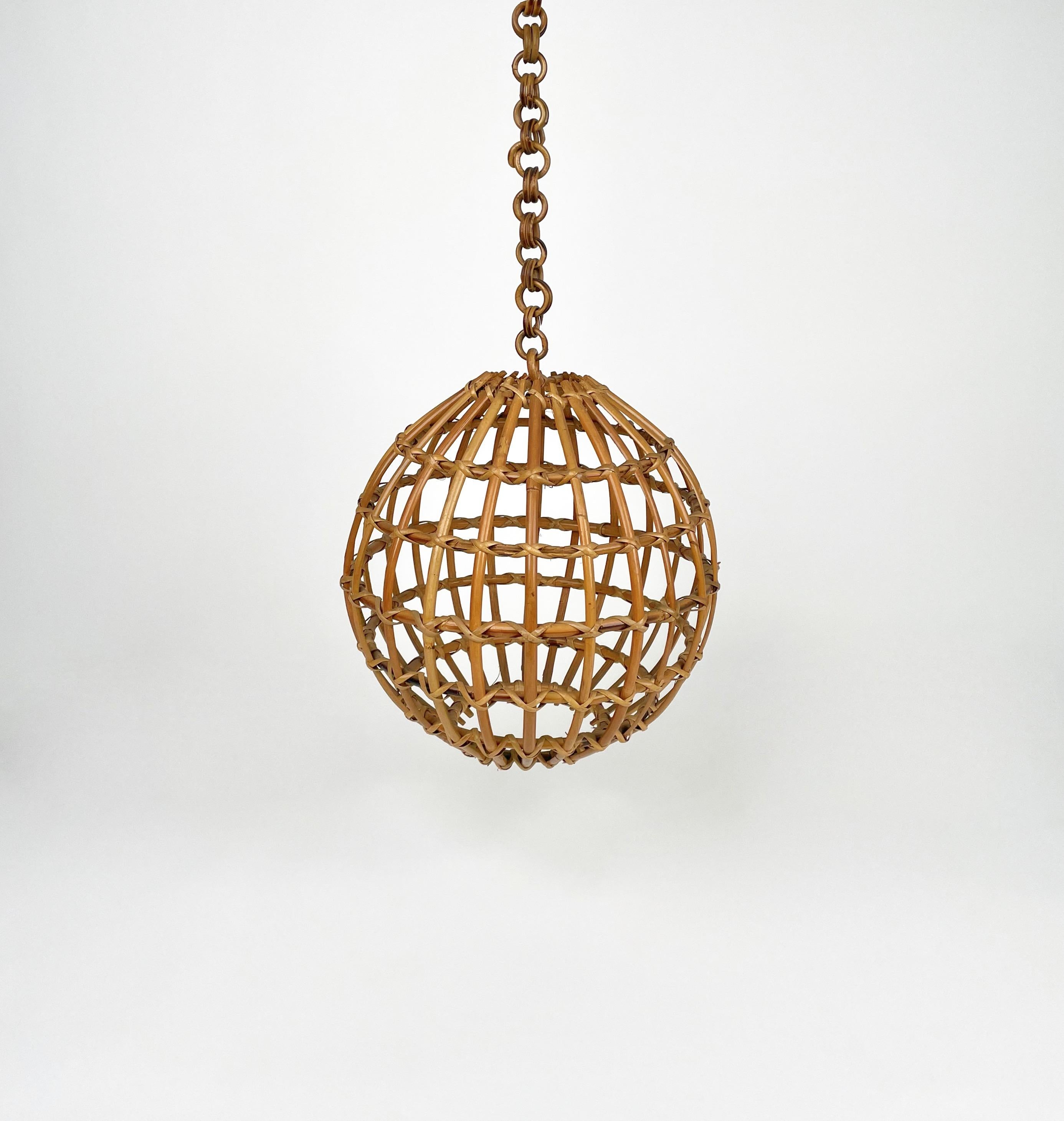 Bamboo Rattan Globe Pendant Ceiling Lamp, Italy 1960s For Sale