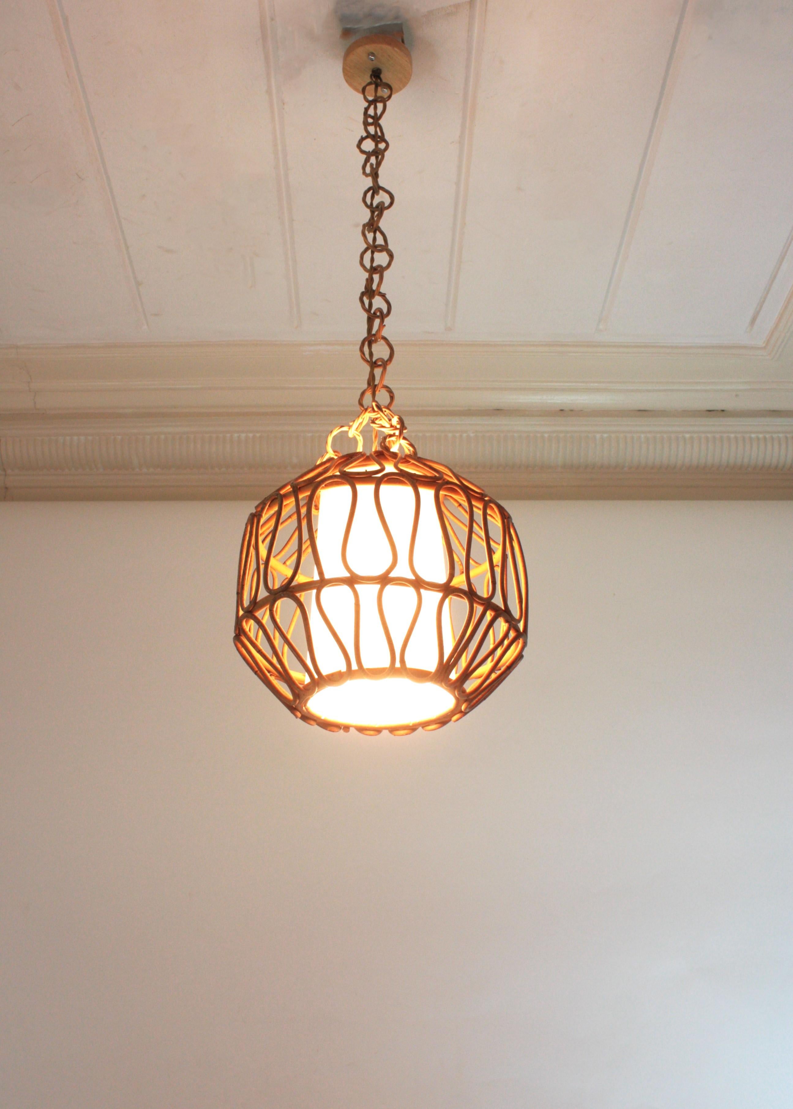 Rattan Globe Pendant Light or Lantern with Loop Details, Spain, 1960s For Sale 3