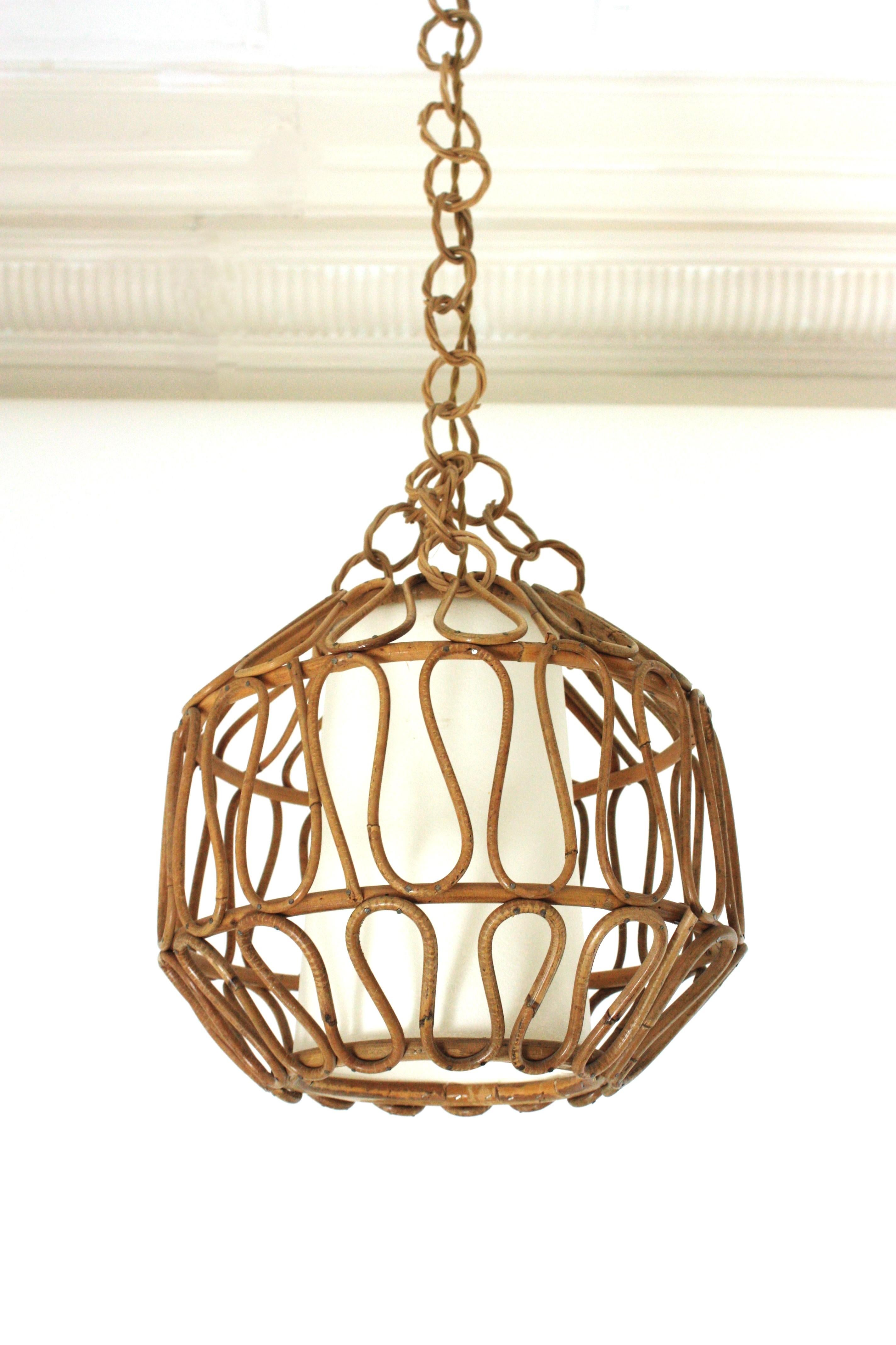 Rattan Globe Pendant Light or Lantern with Loop Details, Spain, 1960s For Sale 4