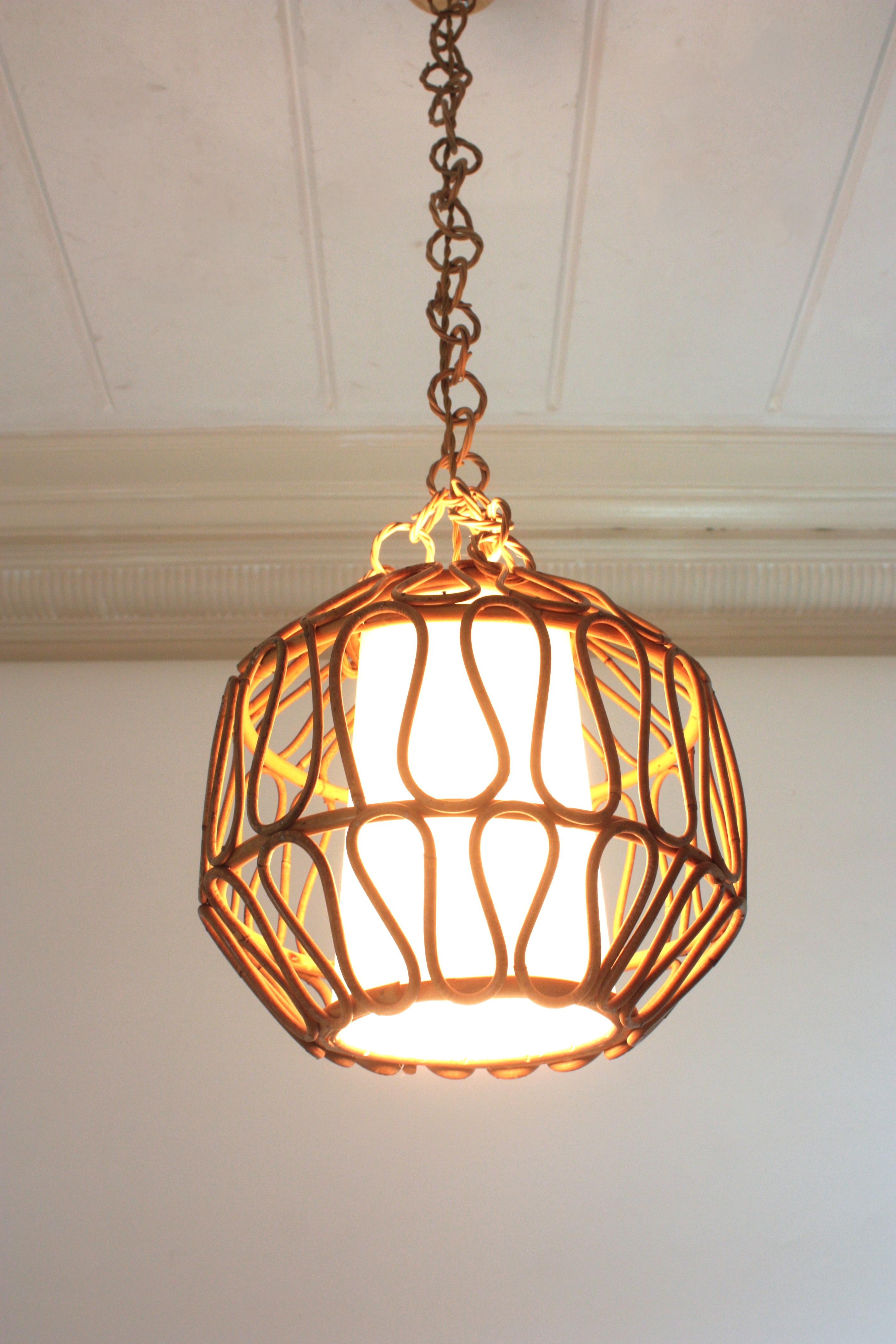 Rattan Globe Pendant Light or Lantern with Loop Details, Spain, 1960s For Sale 5