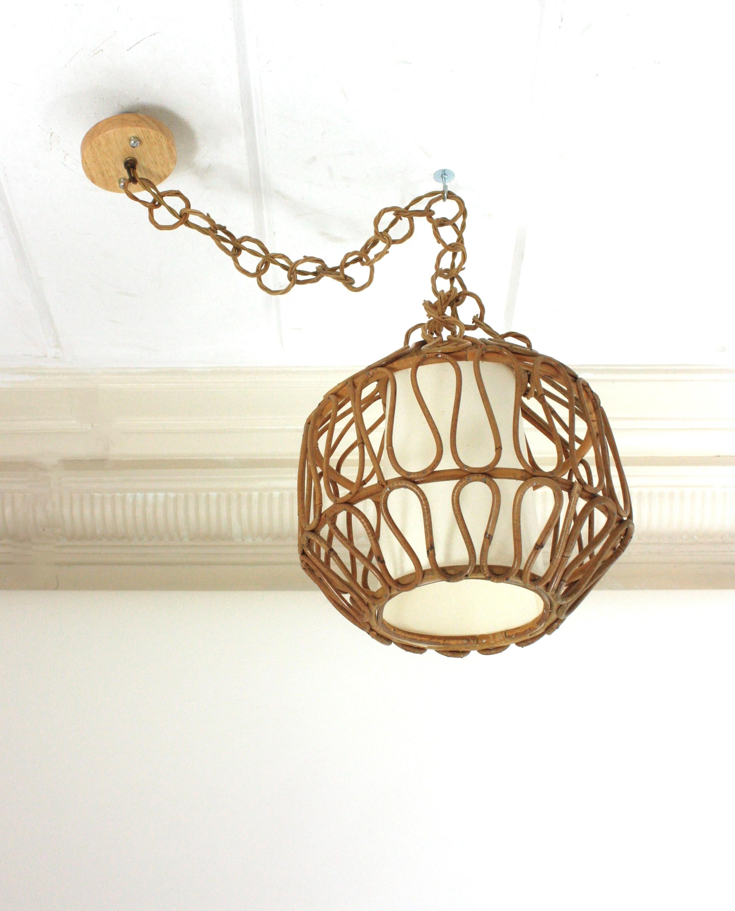Mid-Century Modern Rattan Globe Pendant Light or Lantern with Loop Details, Spain, 1960s For Sale