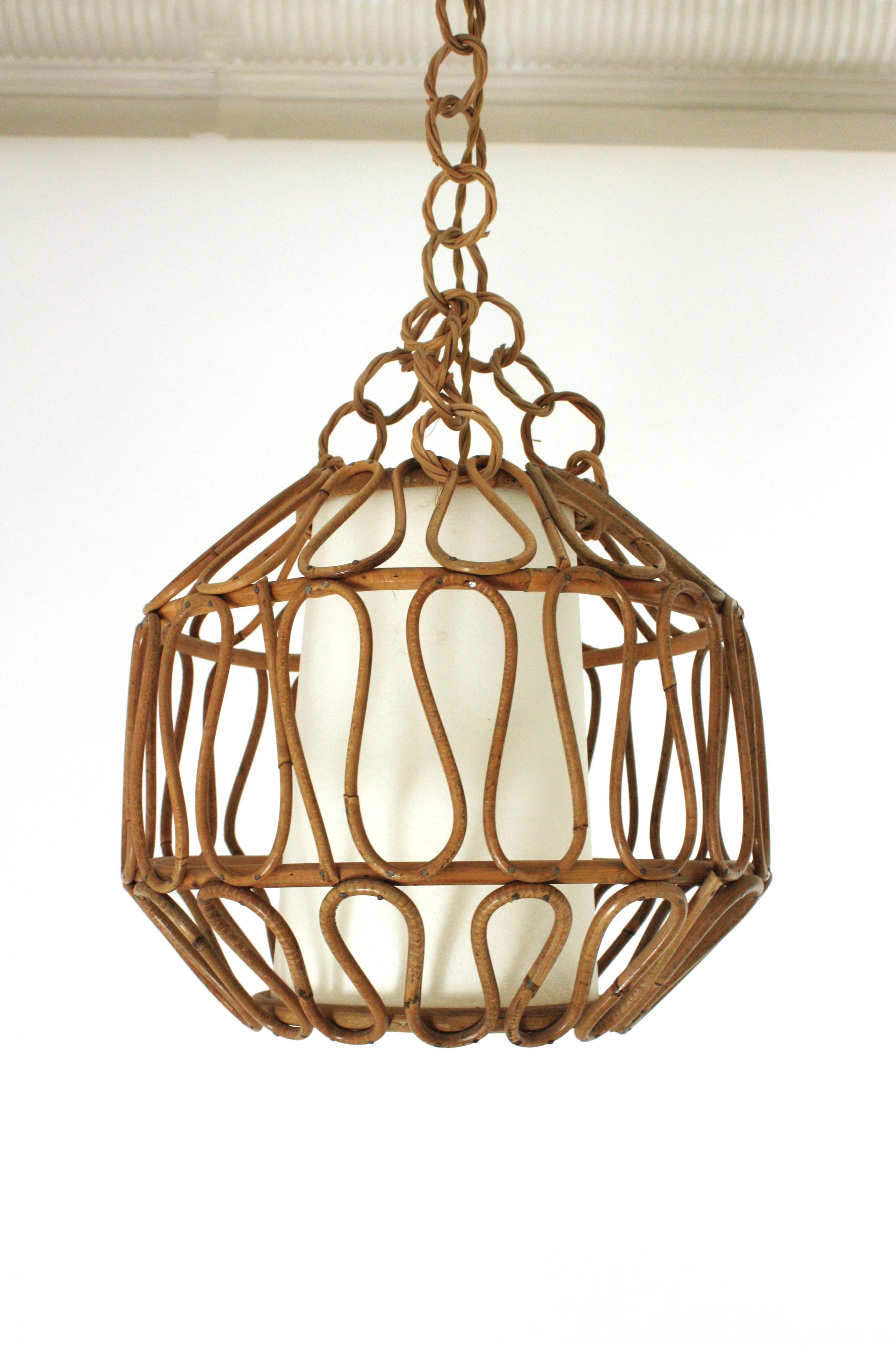 Spanish Rattan Globe Pendant Light or Lantern with Loop Details, Spain, 1960s For Sale