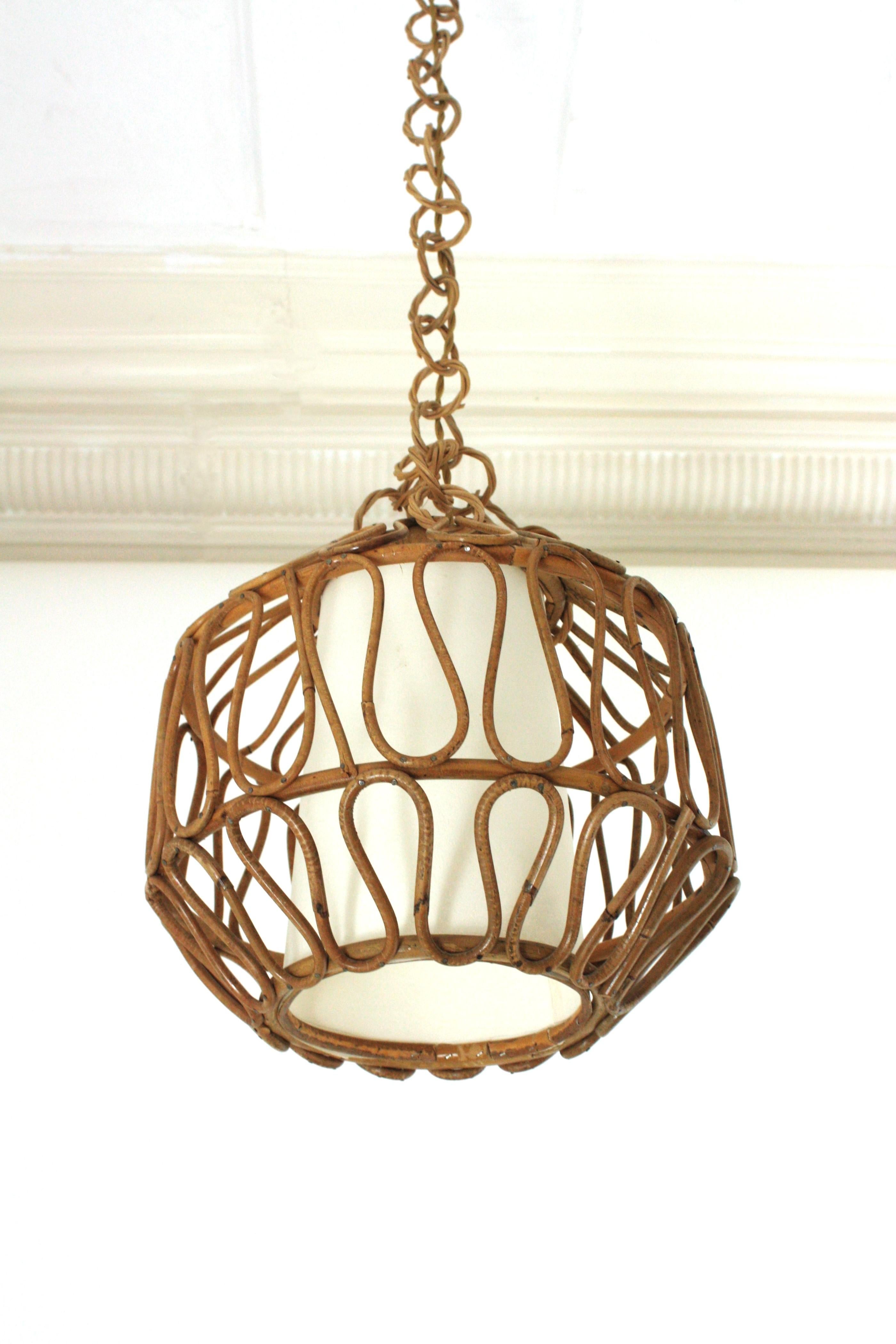 Rattan Globe Pendant Light or Lantern with Loop Details, Spain, 1960s In Good Condition For Sale In Barcelona, ES
