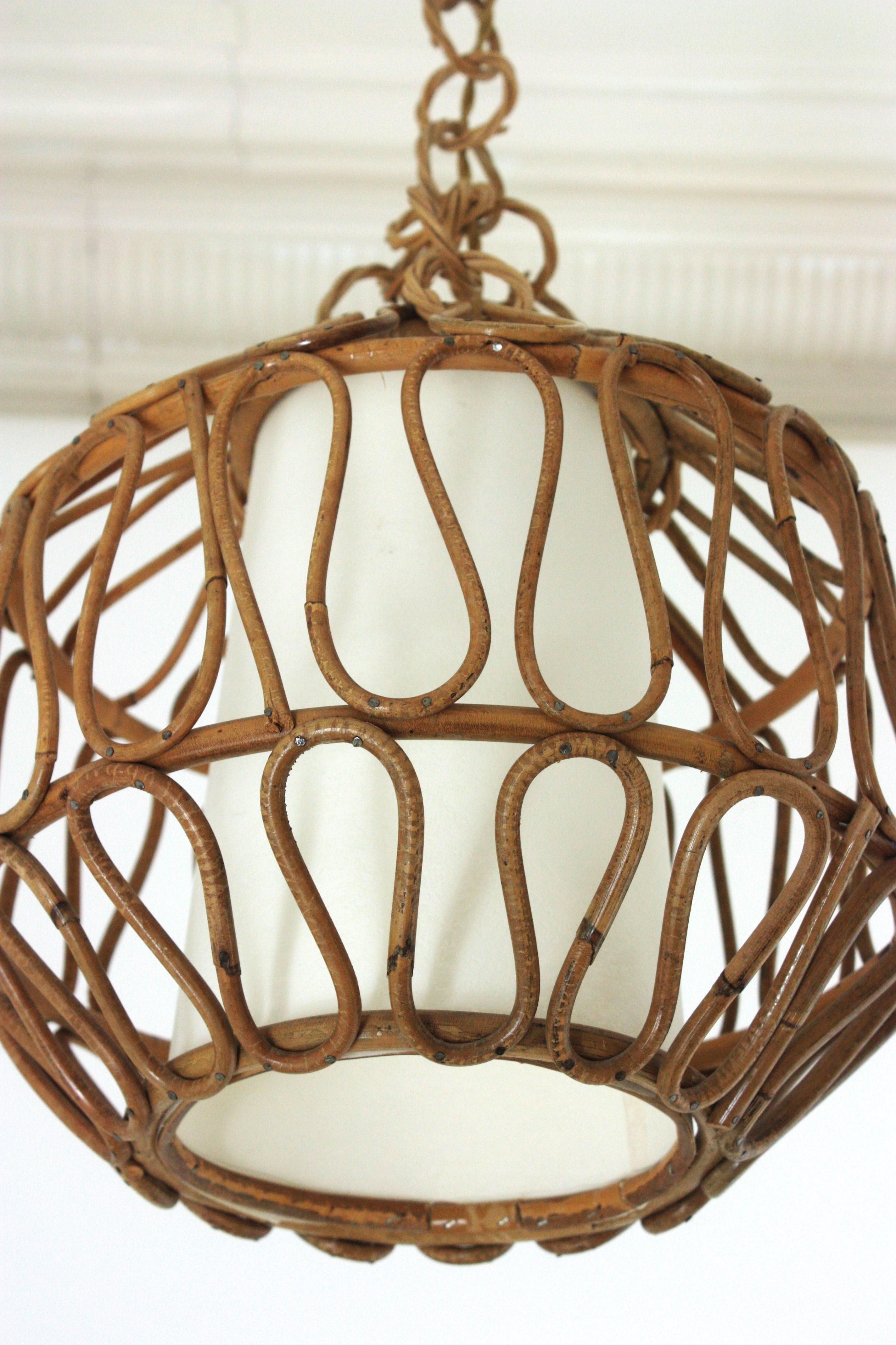 20th Century Rattan Globe Pendant Light or Lantern with Loop Details, Spain, 1960s For Sale