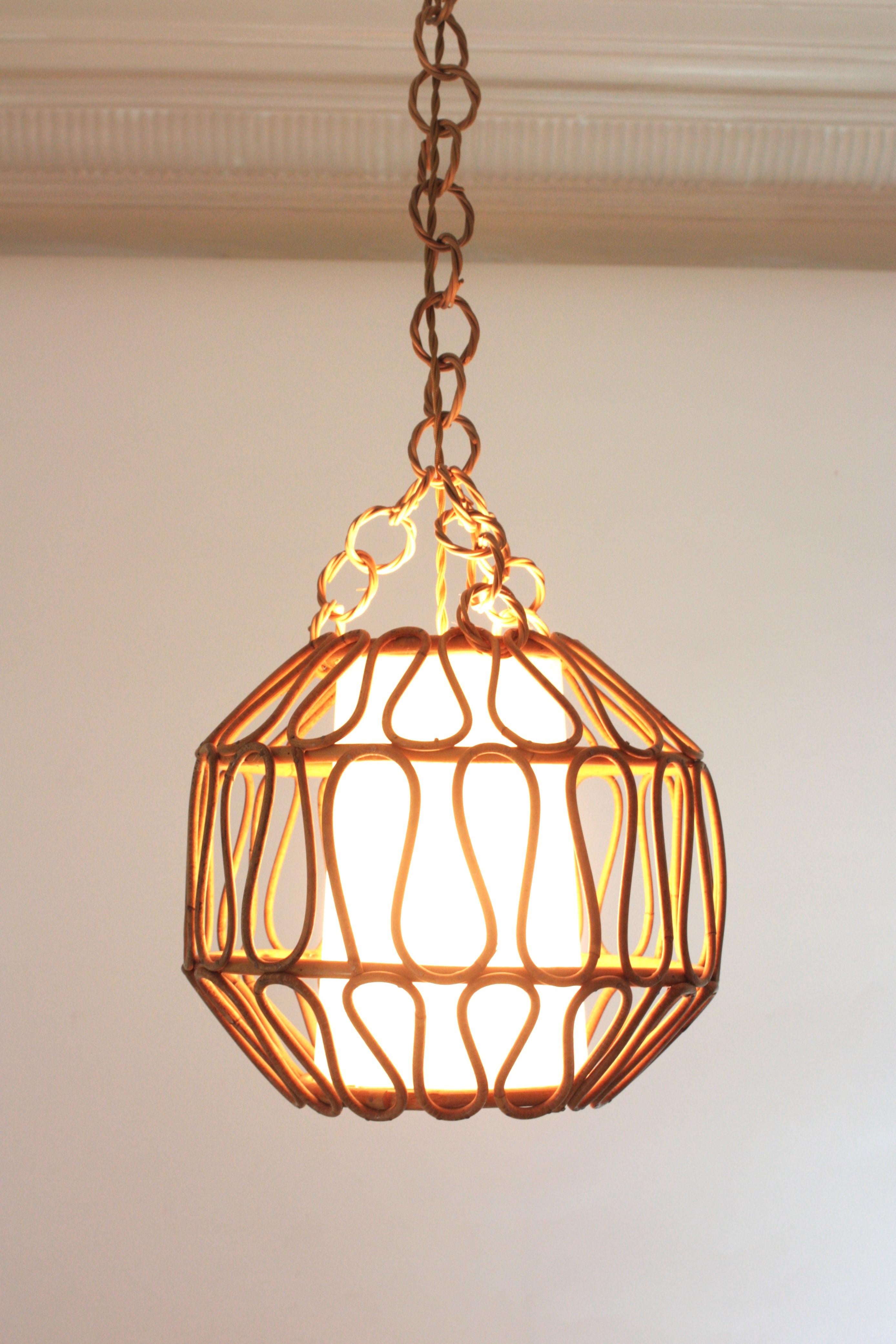 Wicker Rattan Globe Pendant Light or Lantern with Loop Details, Spain, 1960s For Sale