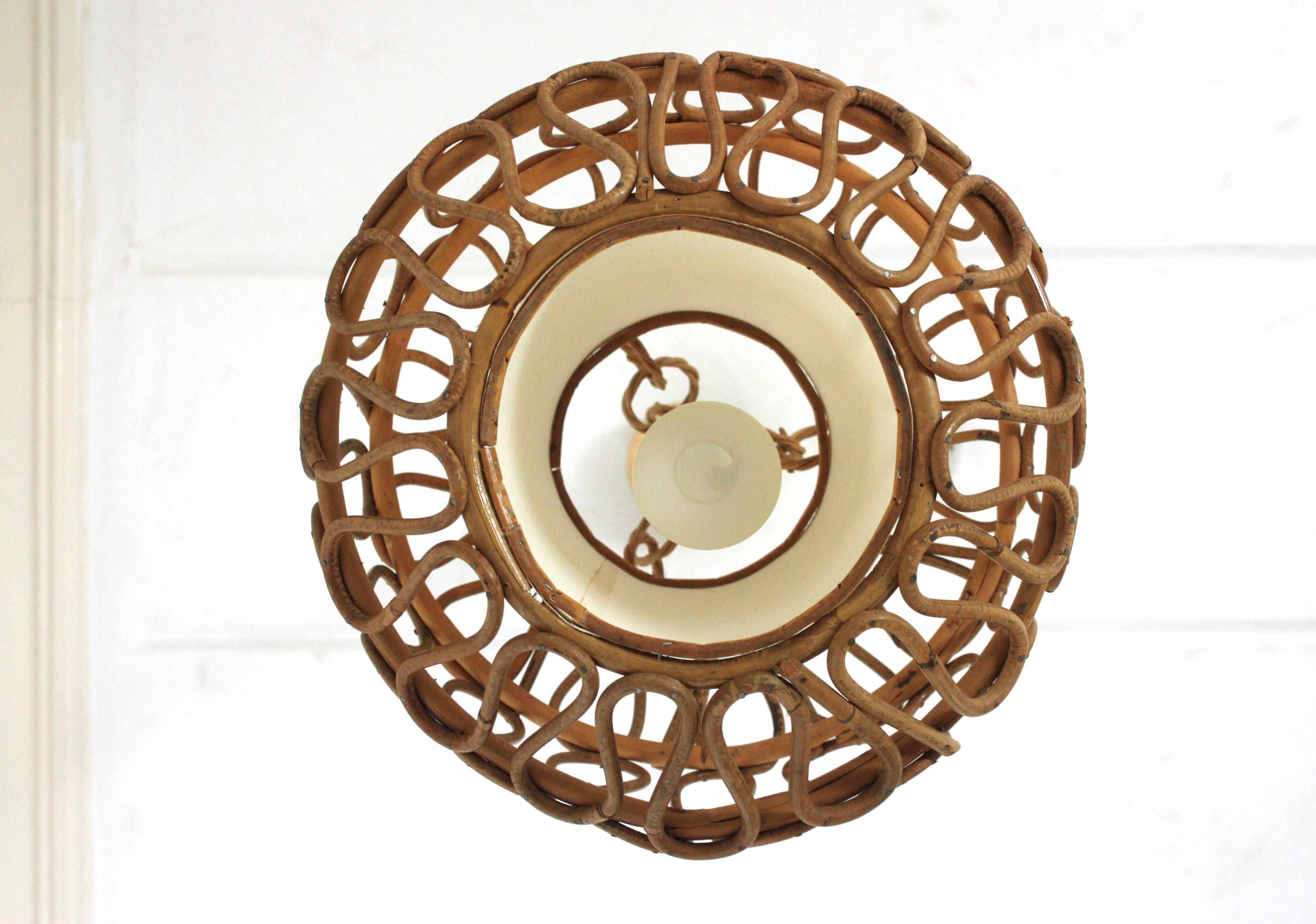 Rattan Globe Pendant Light or Lantern with Loop Details, Spain, 1960s For Sale 1