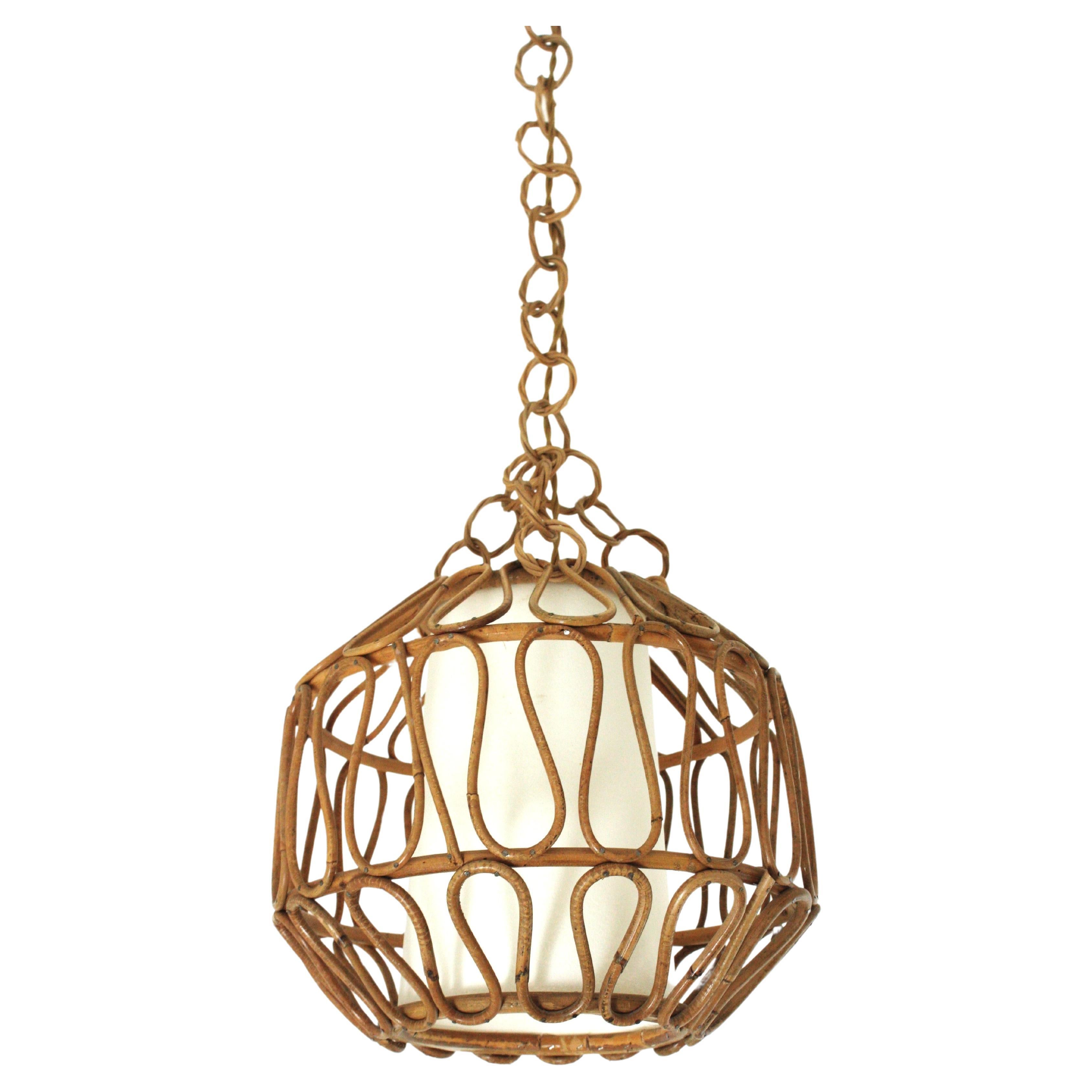 Rattan Globe Pendant Light or Lantern with Loop Details, Spain, 1960s For Sale