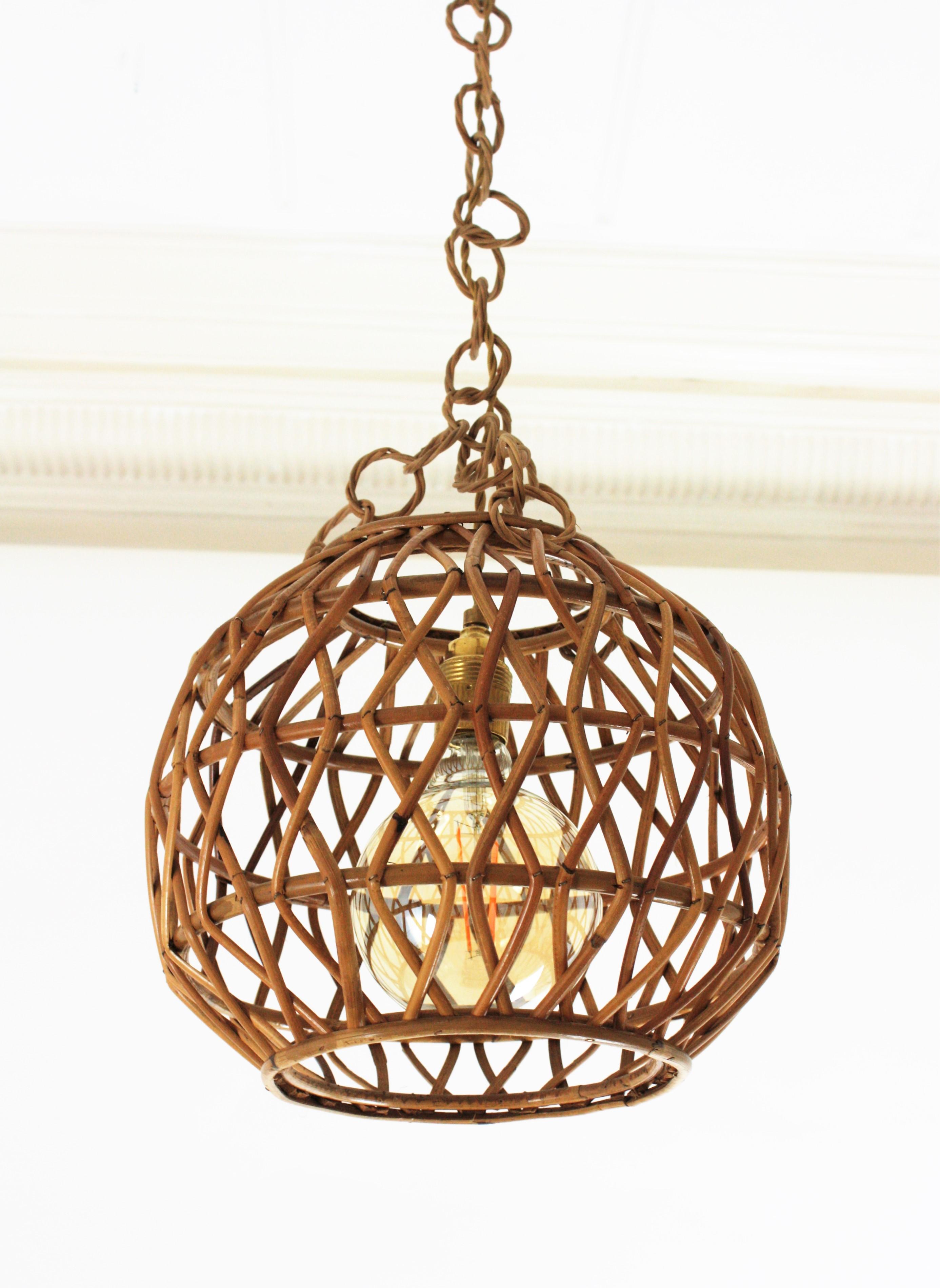 Hand-Crafted Rattan Globe Pendant Light, Spain, 1960s For Sale