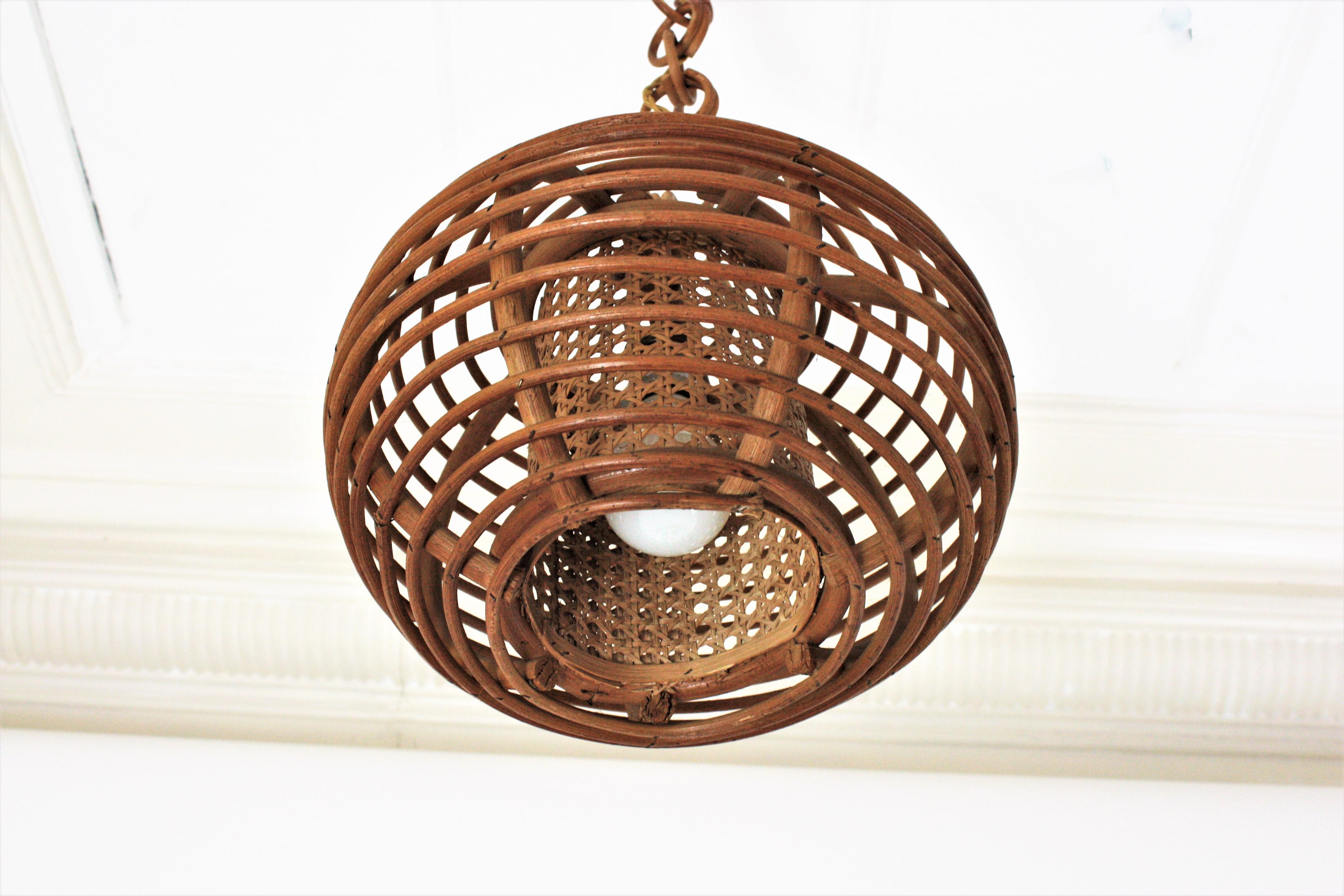 Mid-Century Modern Rattan Wicker Globe Pendant Hanging Light, 1950s For Sale