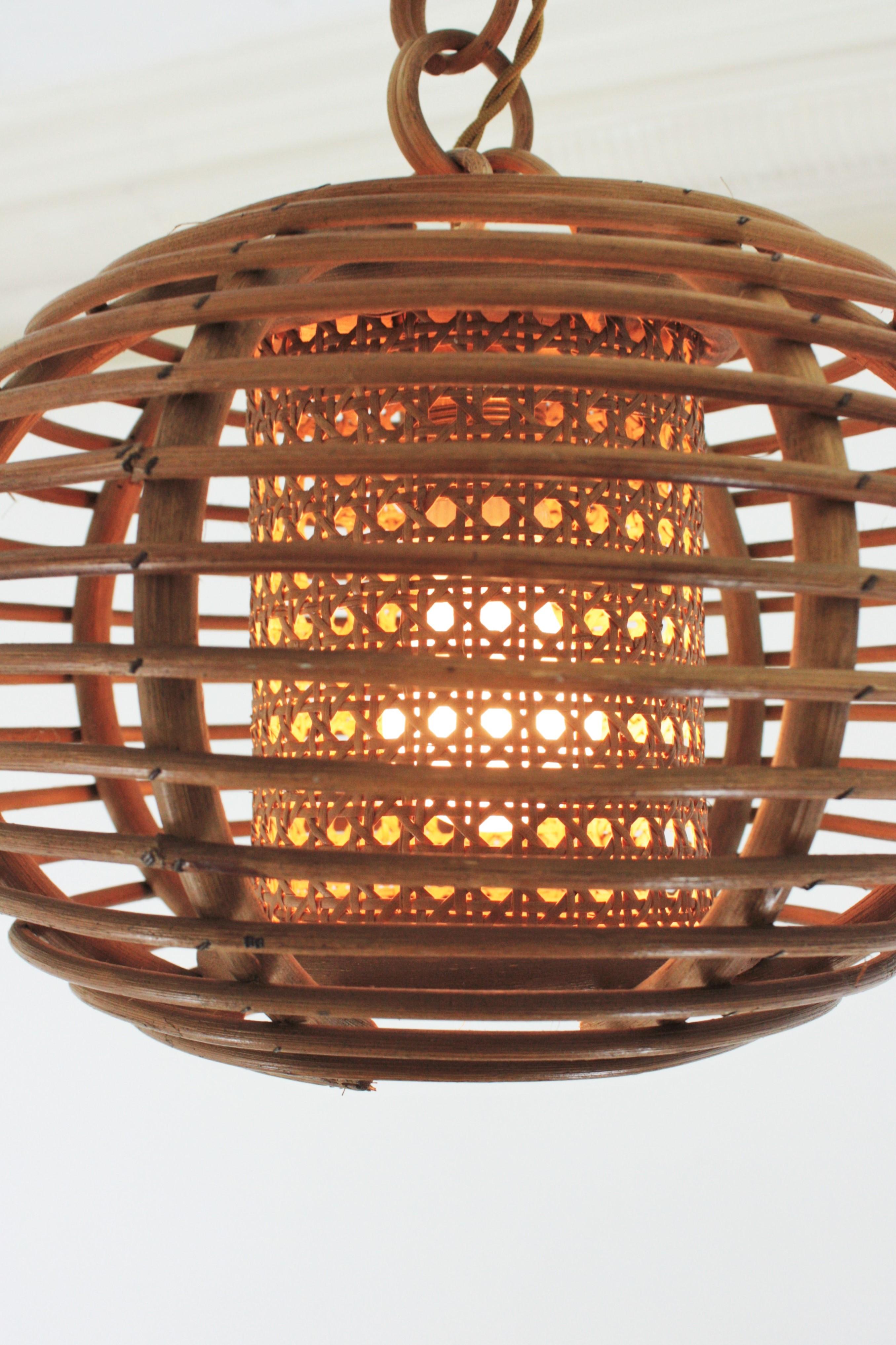 Hand-Crafted Rattan Wicker Globe Pendant Hanging Light, 1950s For Sale