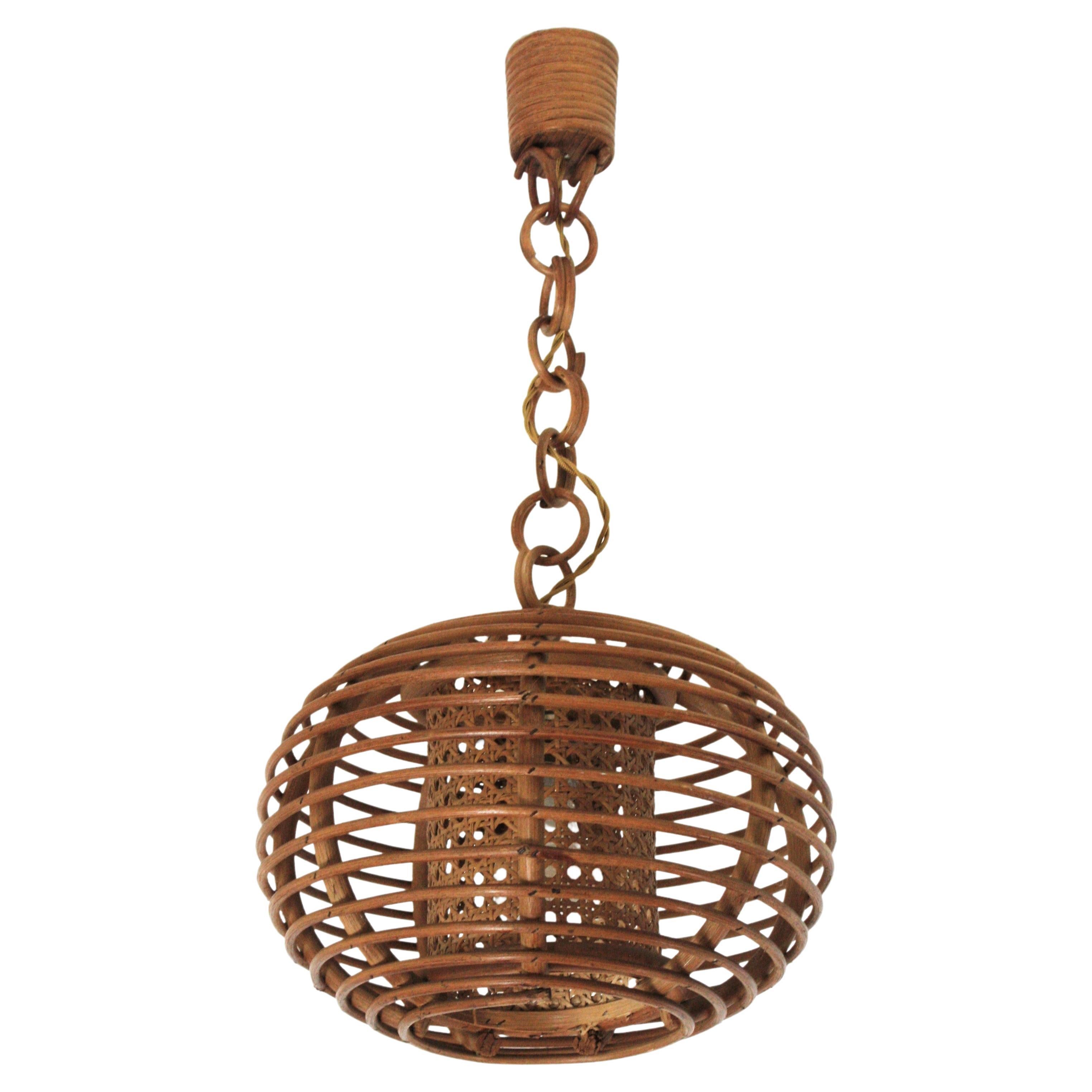 Rattan Wicker Globe Pendant Hanging Light, 1950s