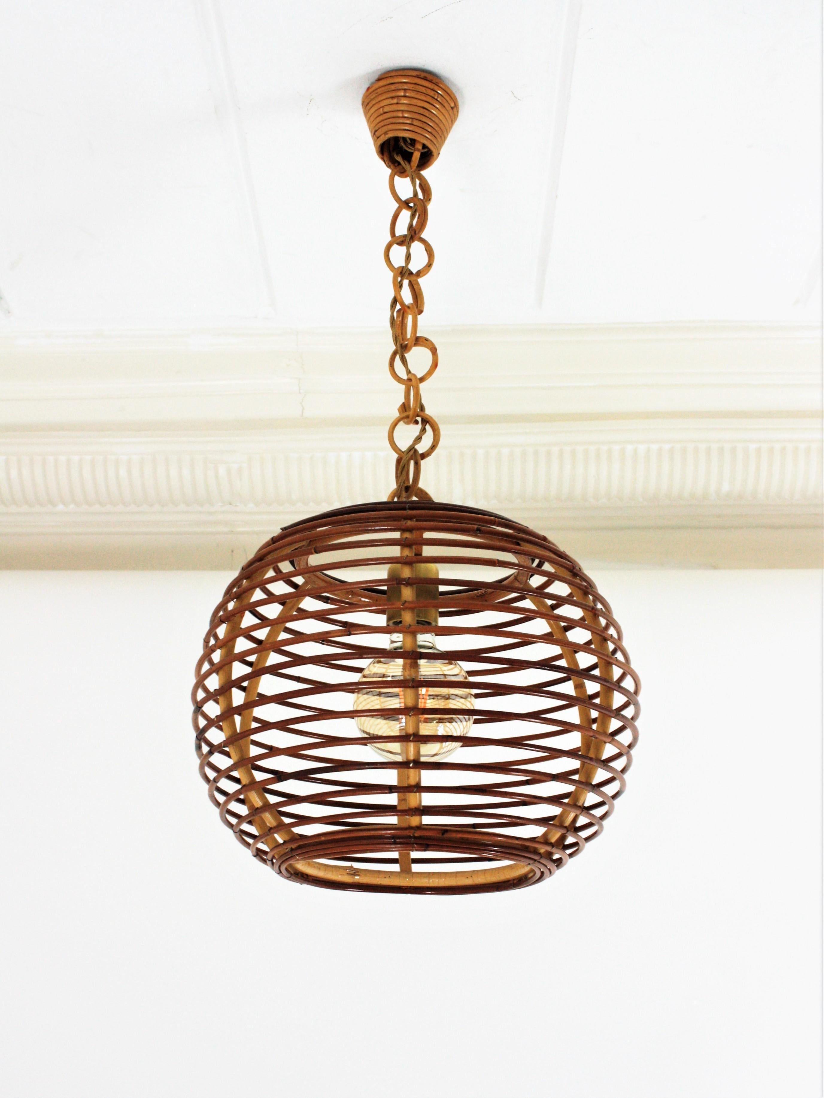 Spanish Rattan Globe Pendant or Hanging Light, Spain, 1960s For Sale