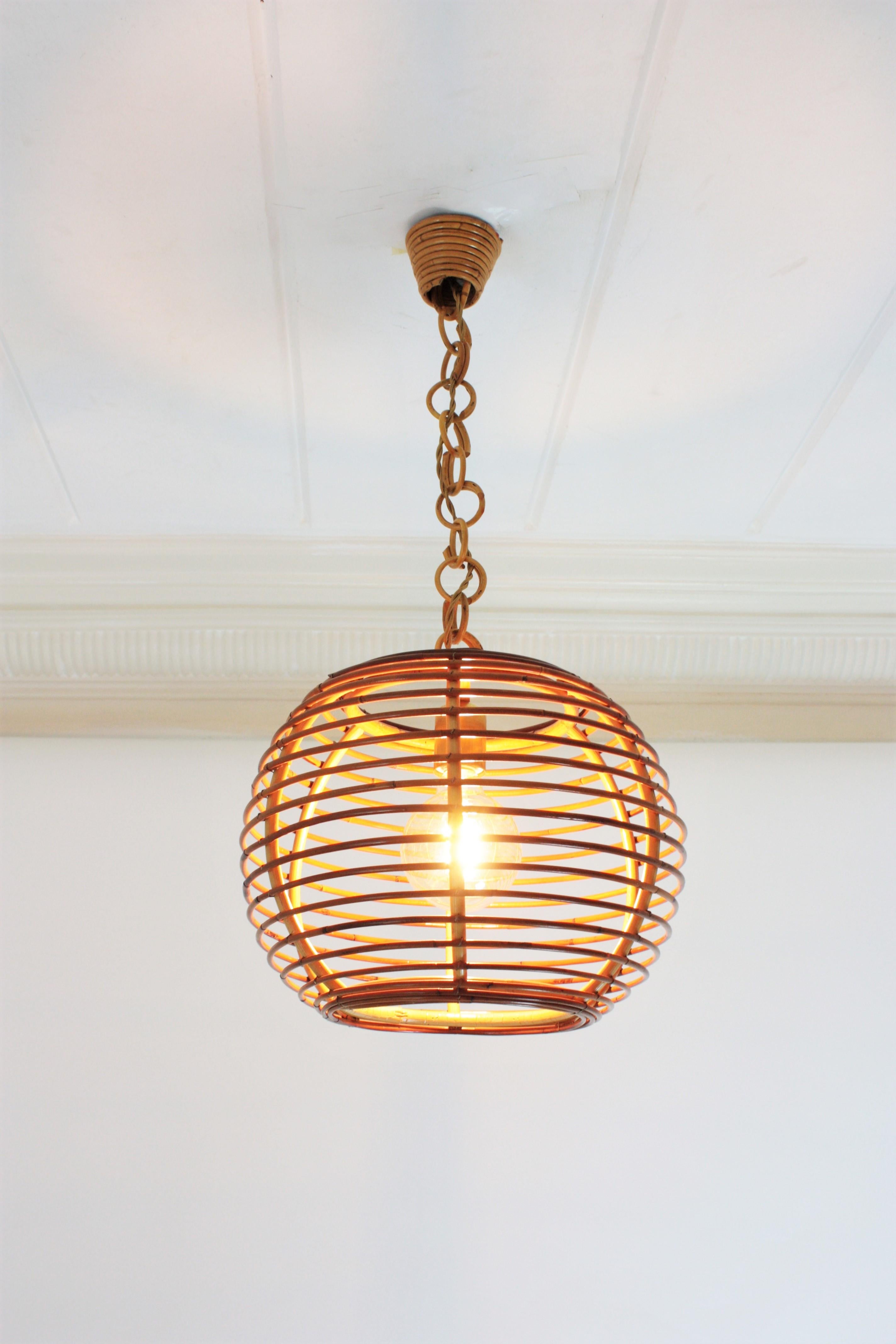 Hand-Crafted Rattan Globe Pendant or Hanging Light, Spain, 1960s For Sale