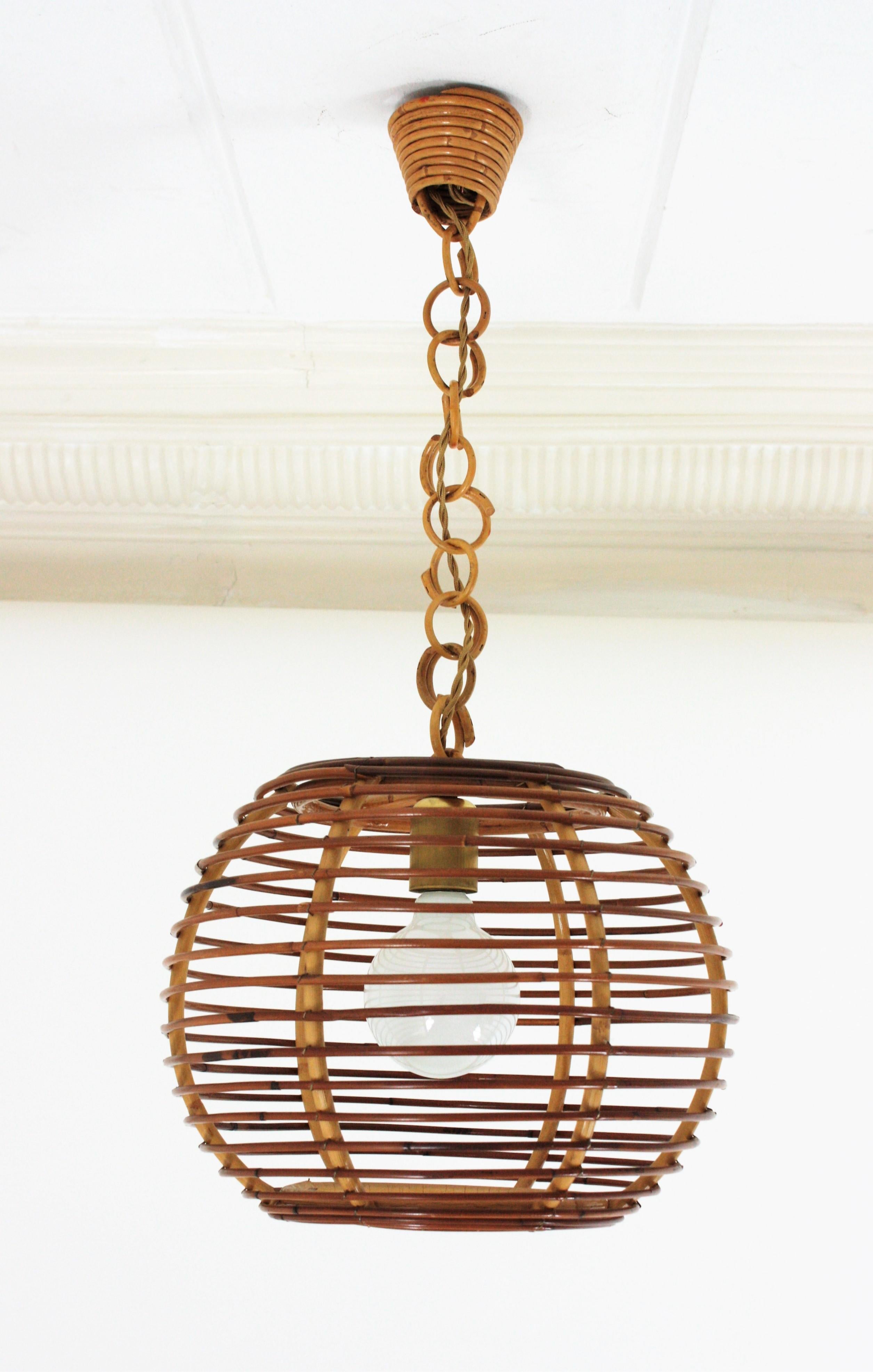 Cane Rattan Globe Pendant or Hanging Light, Spain, 1960s For Sale