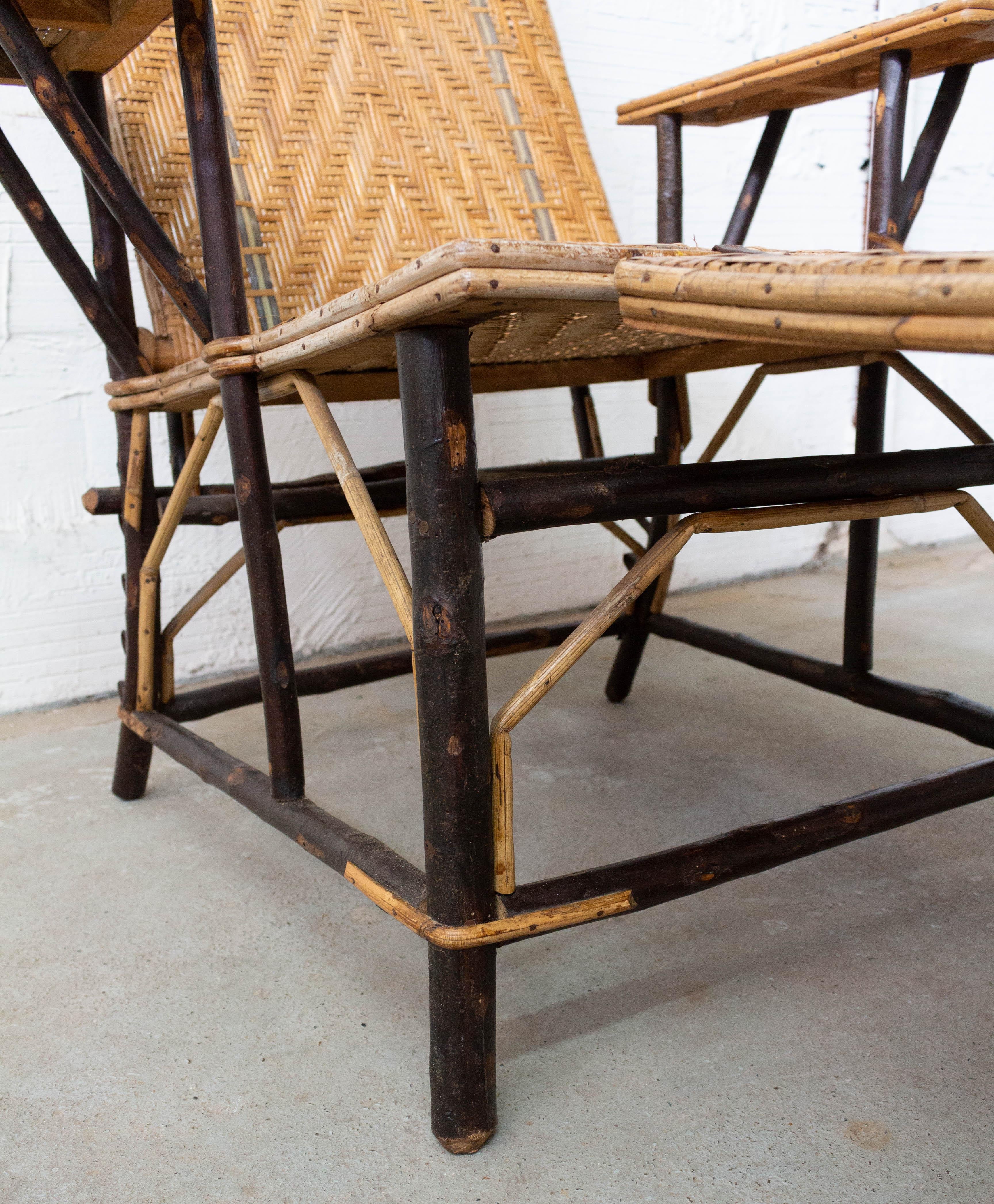 Rattan Green Stripe Folding Deck Chair Patio Lounger, Chaise Longue For Sale 1