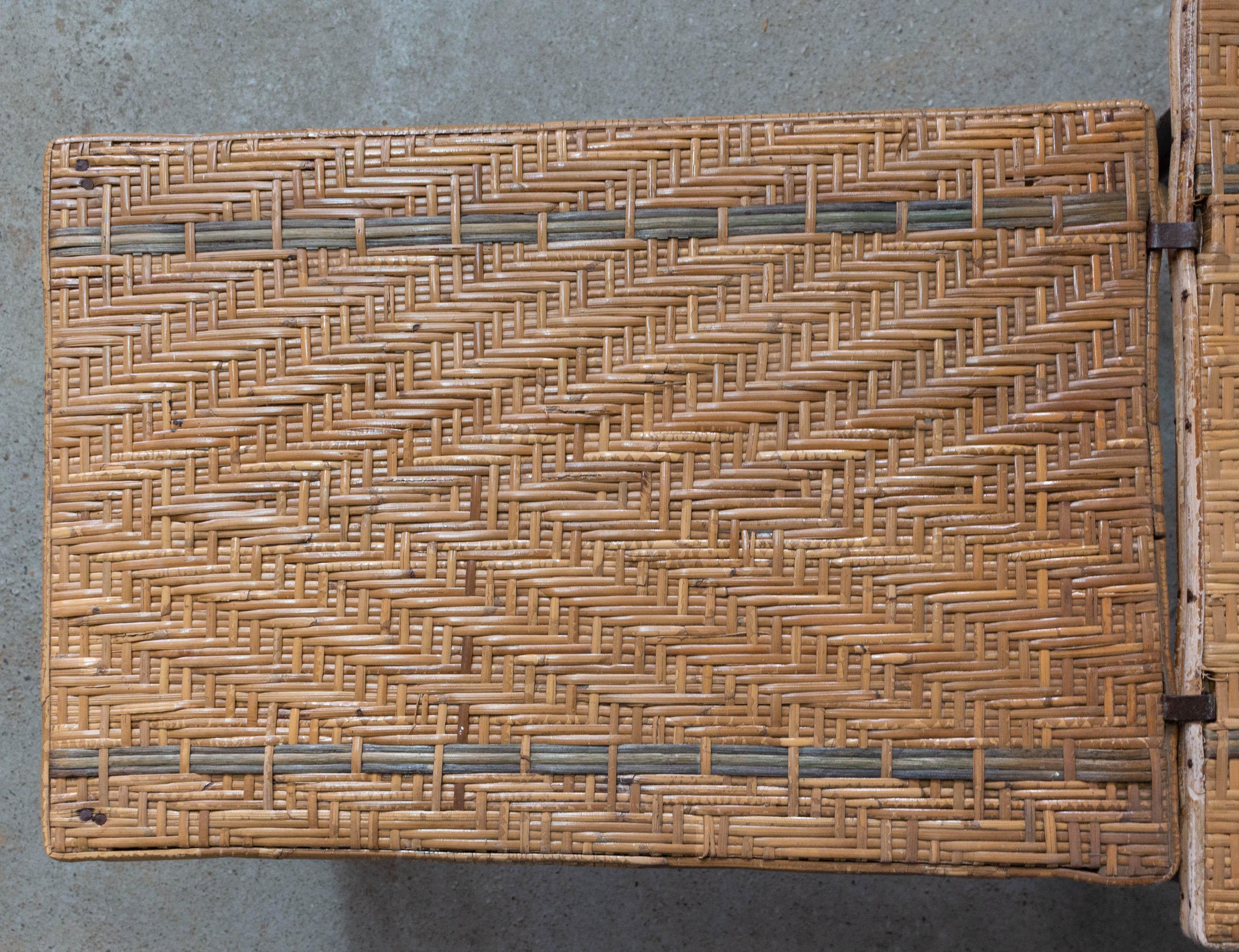Woven Rattan Green Stripe Folding Deck Chair Patio Lounger, Chaise Longue For Sale