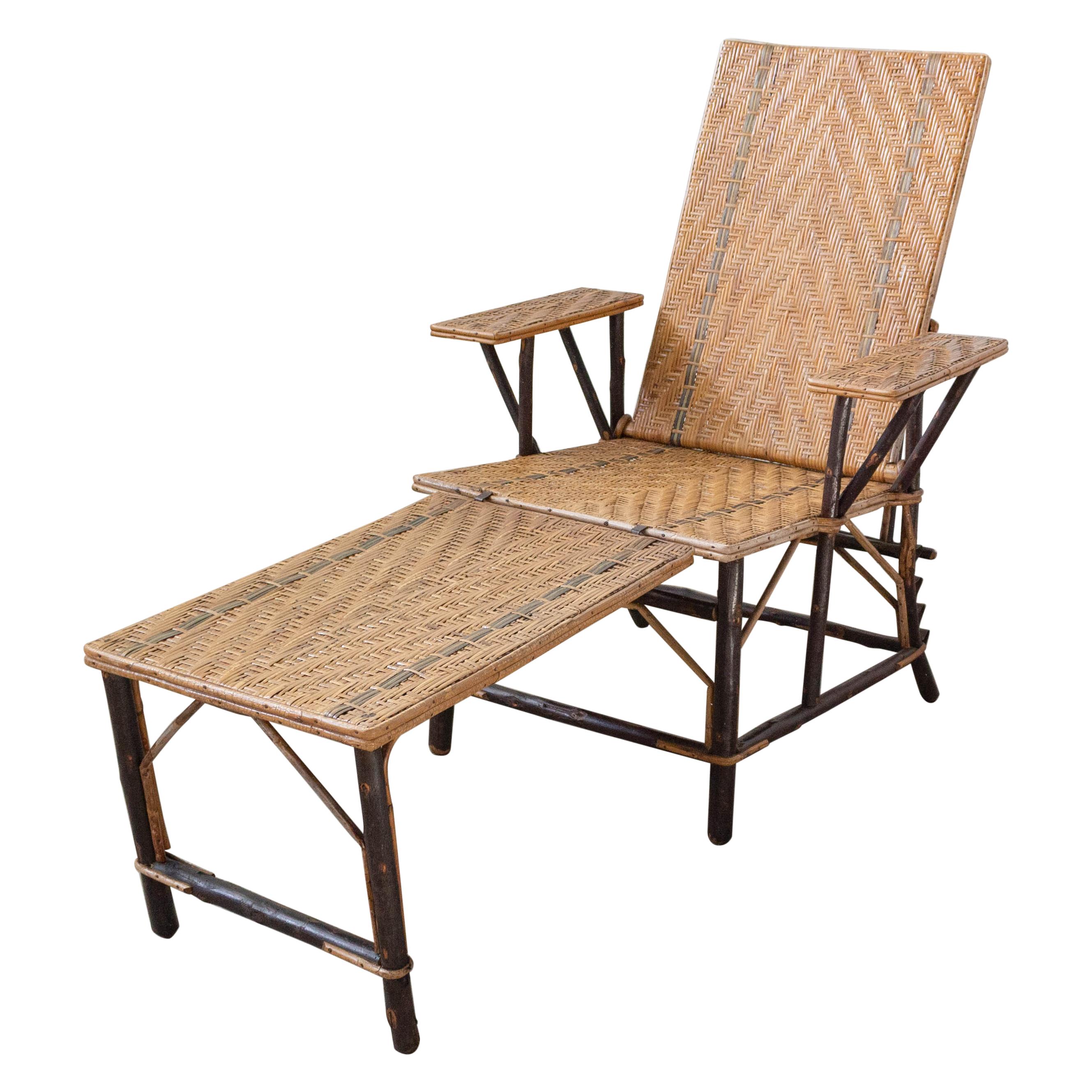 Rattan Green Stripe Folding Deck Chair Patio Lounger, Chaise Longue For Sale